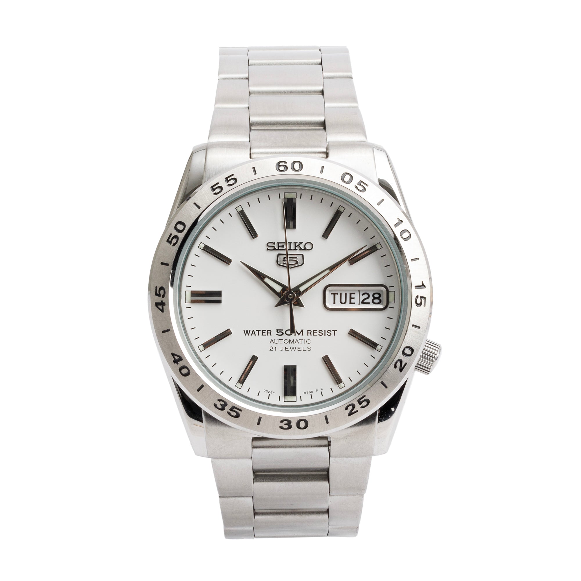 Seiko Stainless Steel 5 36.5 MM Automatic Watch White Dial w/ Box & Papers