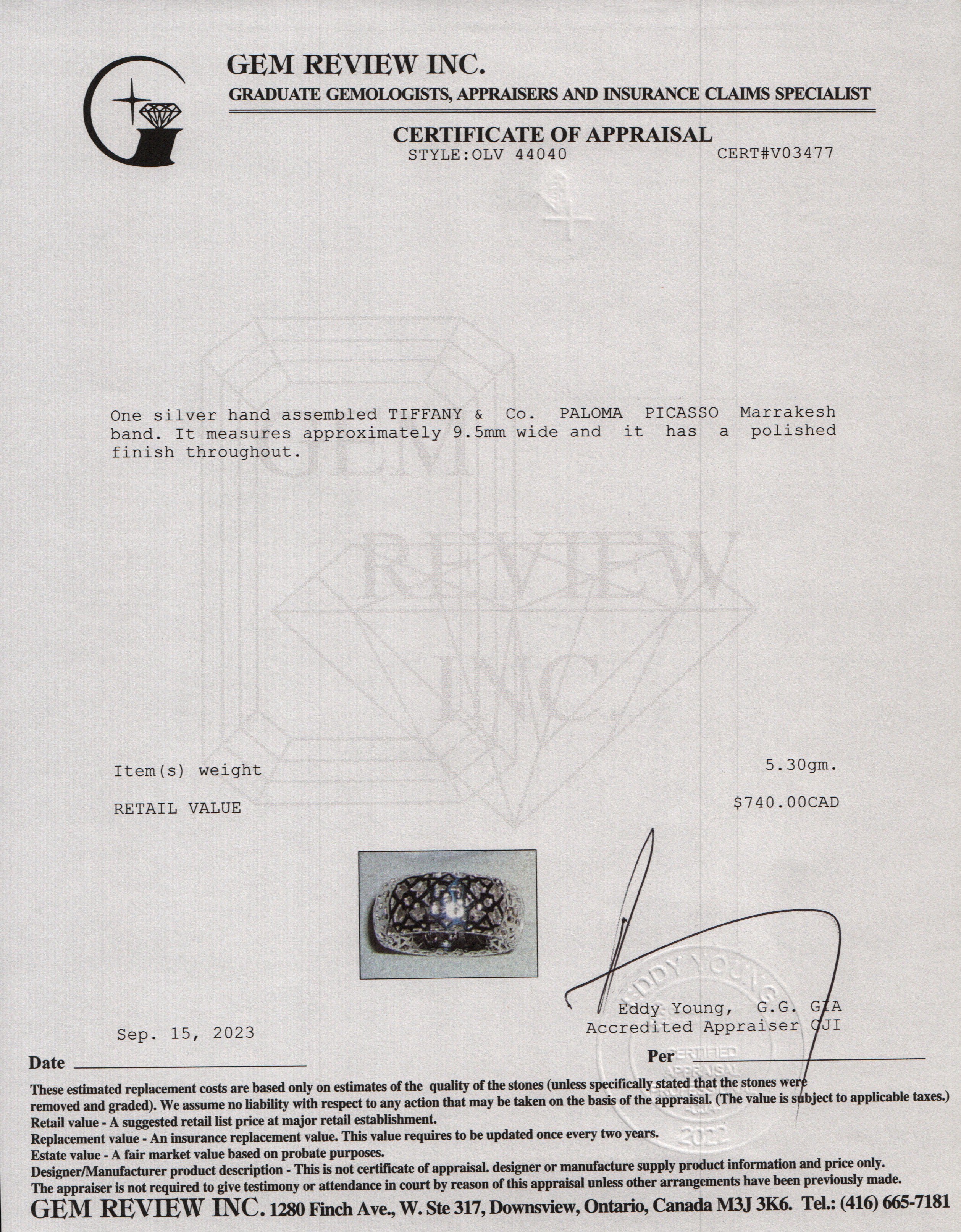 Tiffany & Co. Paloma Picasso Sterling Silver Marrakesh Band Ring, Size 6.25