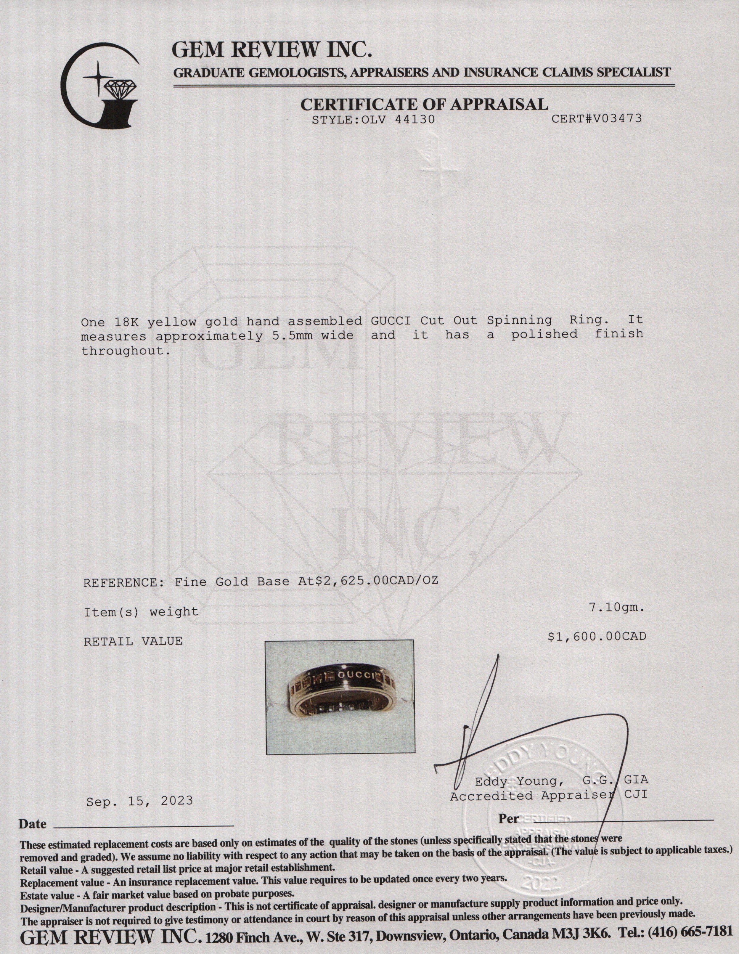 Gucci 18k Yellow Gold Cut Out Spinning Ring, Size 21 9.25