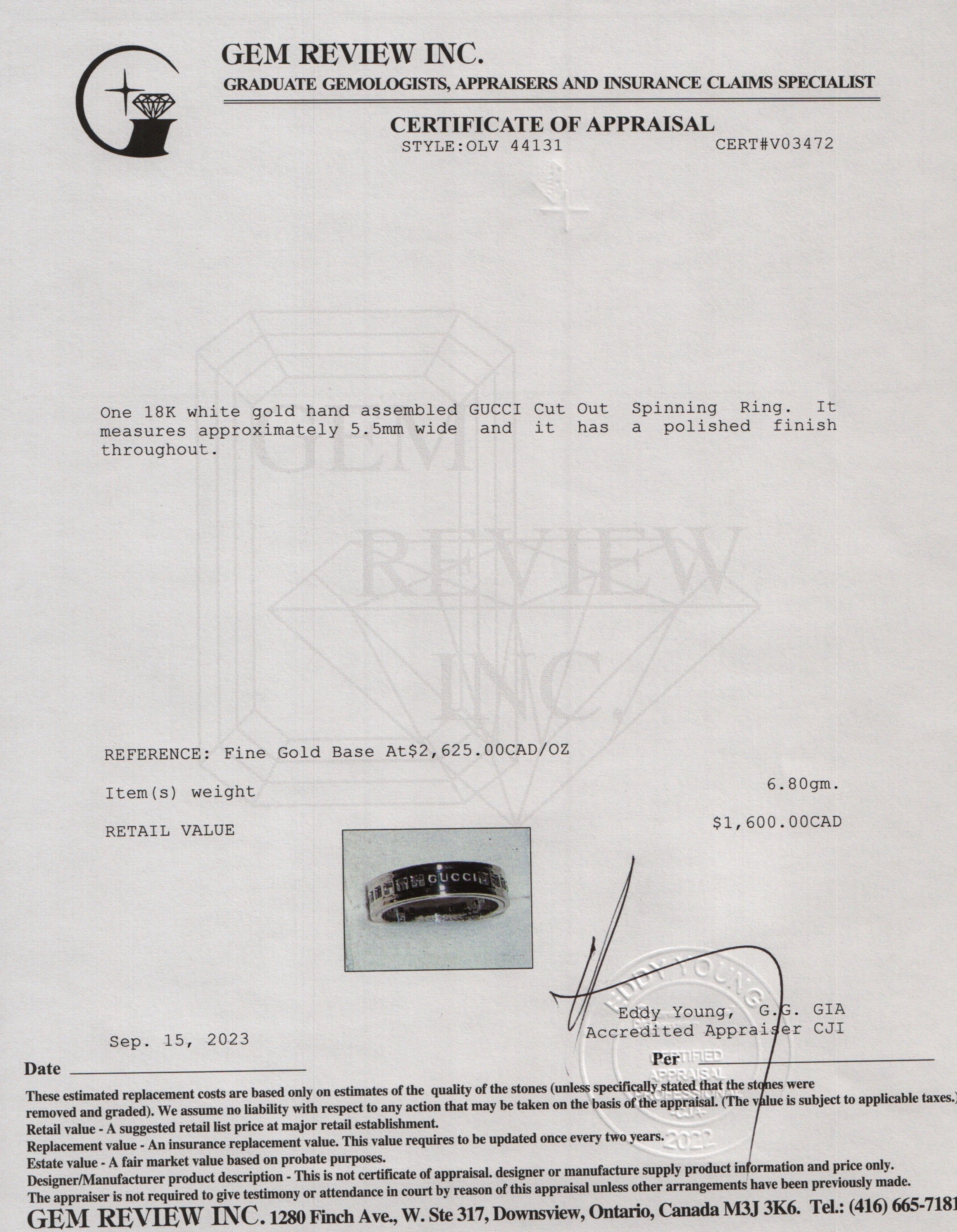 Gucci 18k White Gold Cut Out Spinning Ring, Size 21 9.25