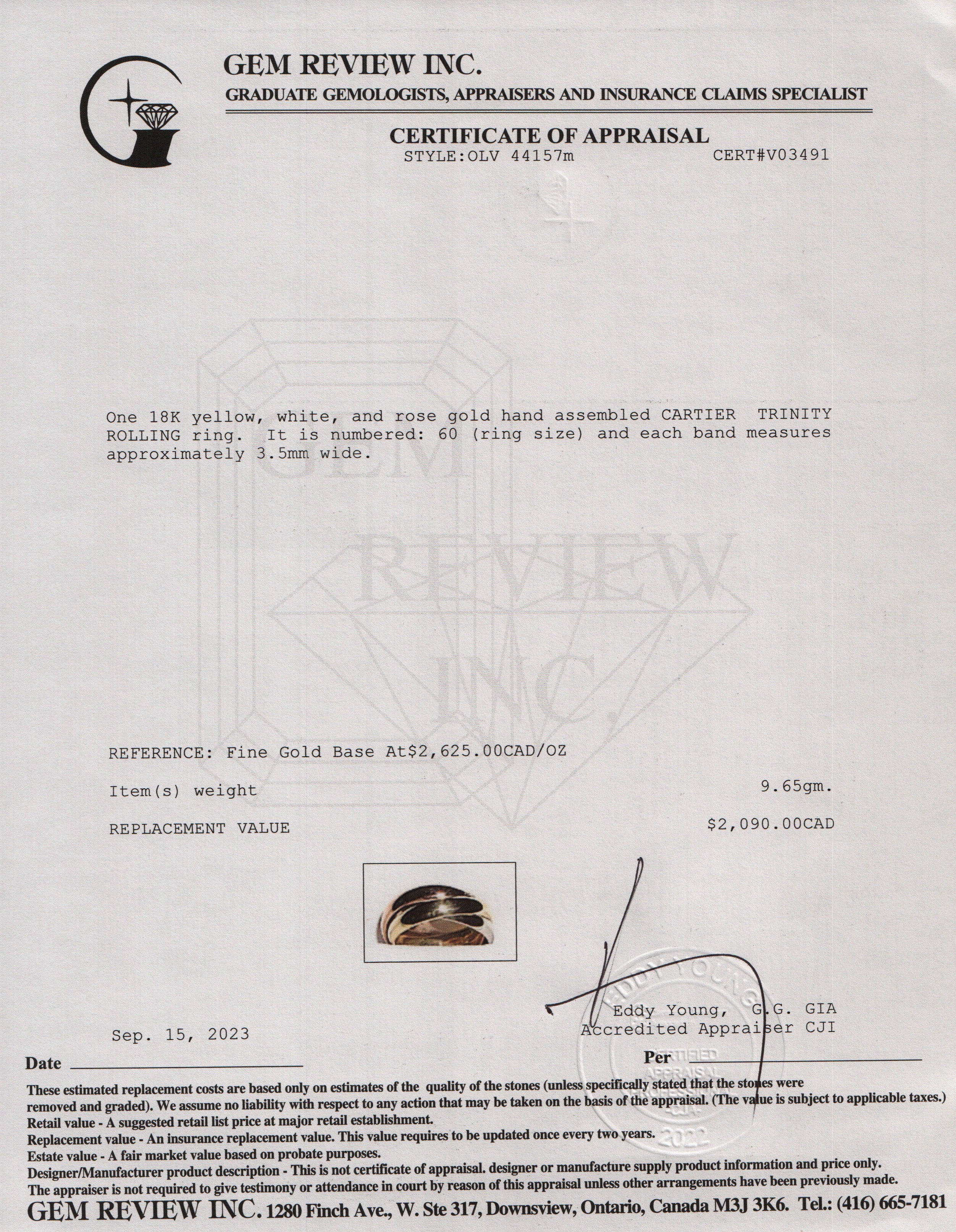 Cartier 18k Tri-Gold Vintage Le must de Cartier Trinity Rolling Ring, Size 60 7.5