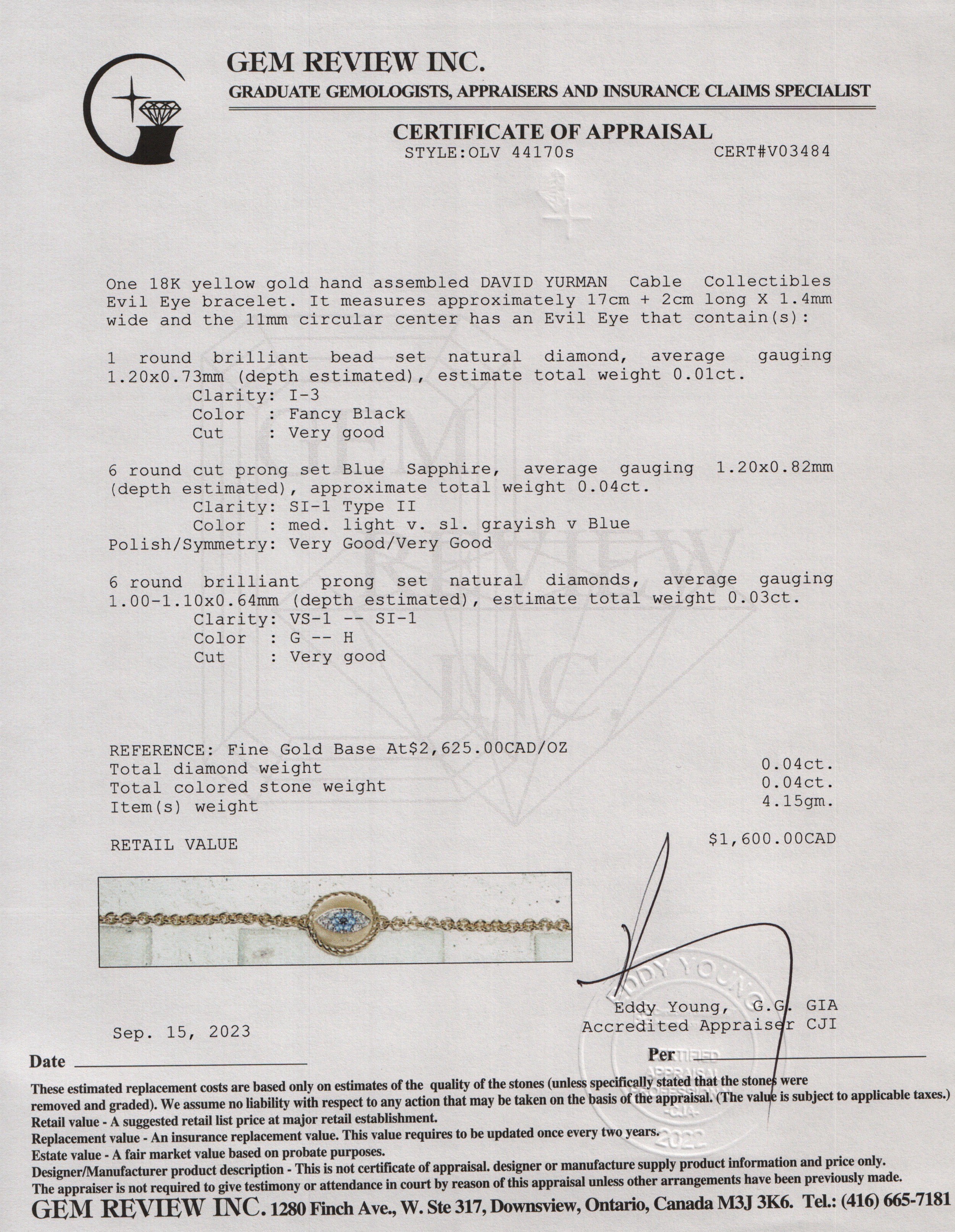 David Yurman 18k Yellow Gold Pave Sapphire & Diamond Cable Collectibles Evil Eye Bracelet w/ Box