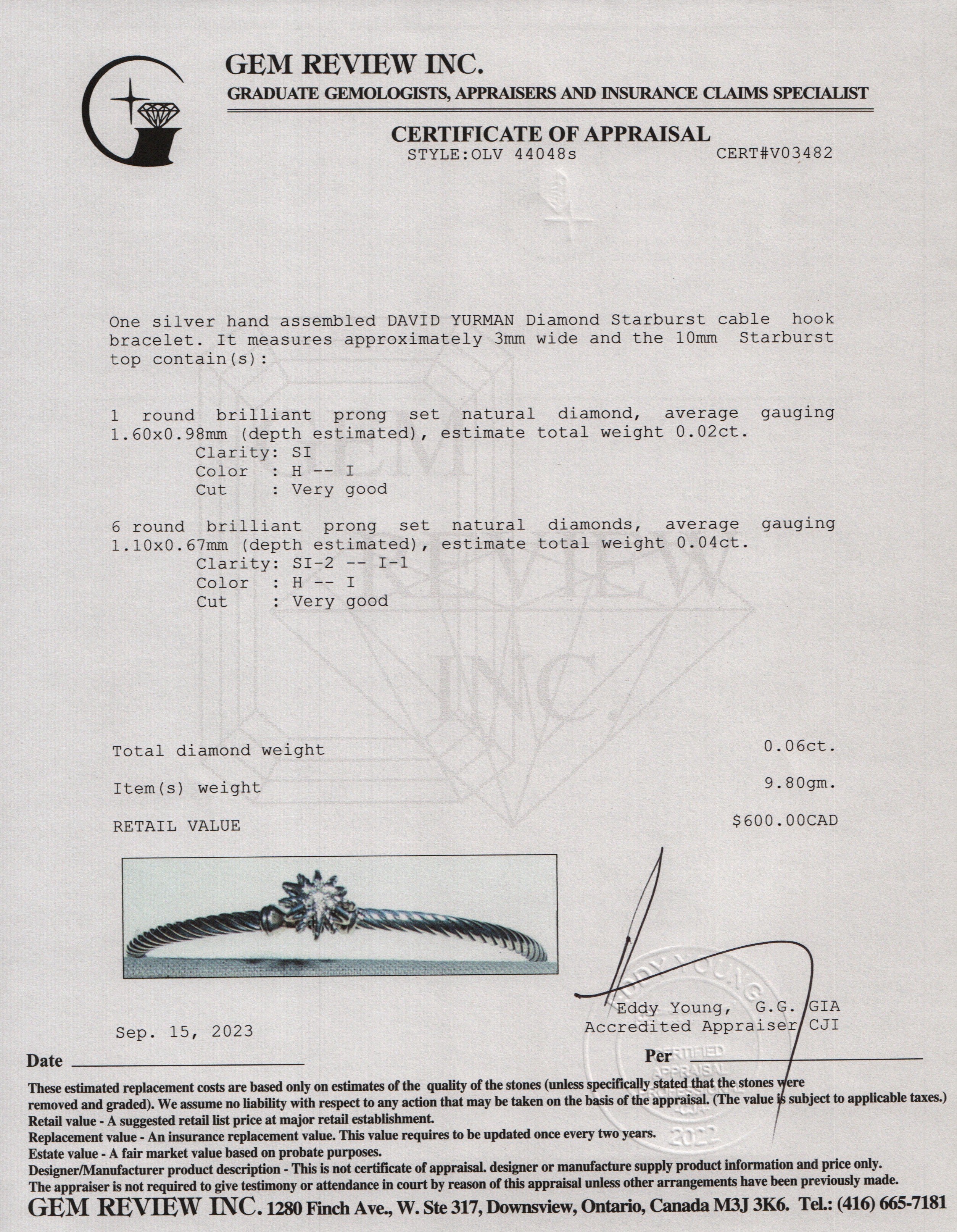 David Yurman Sterling Silver Diamond Starburst 3MM Cable Hook Bracelet