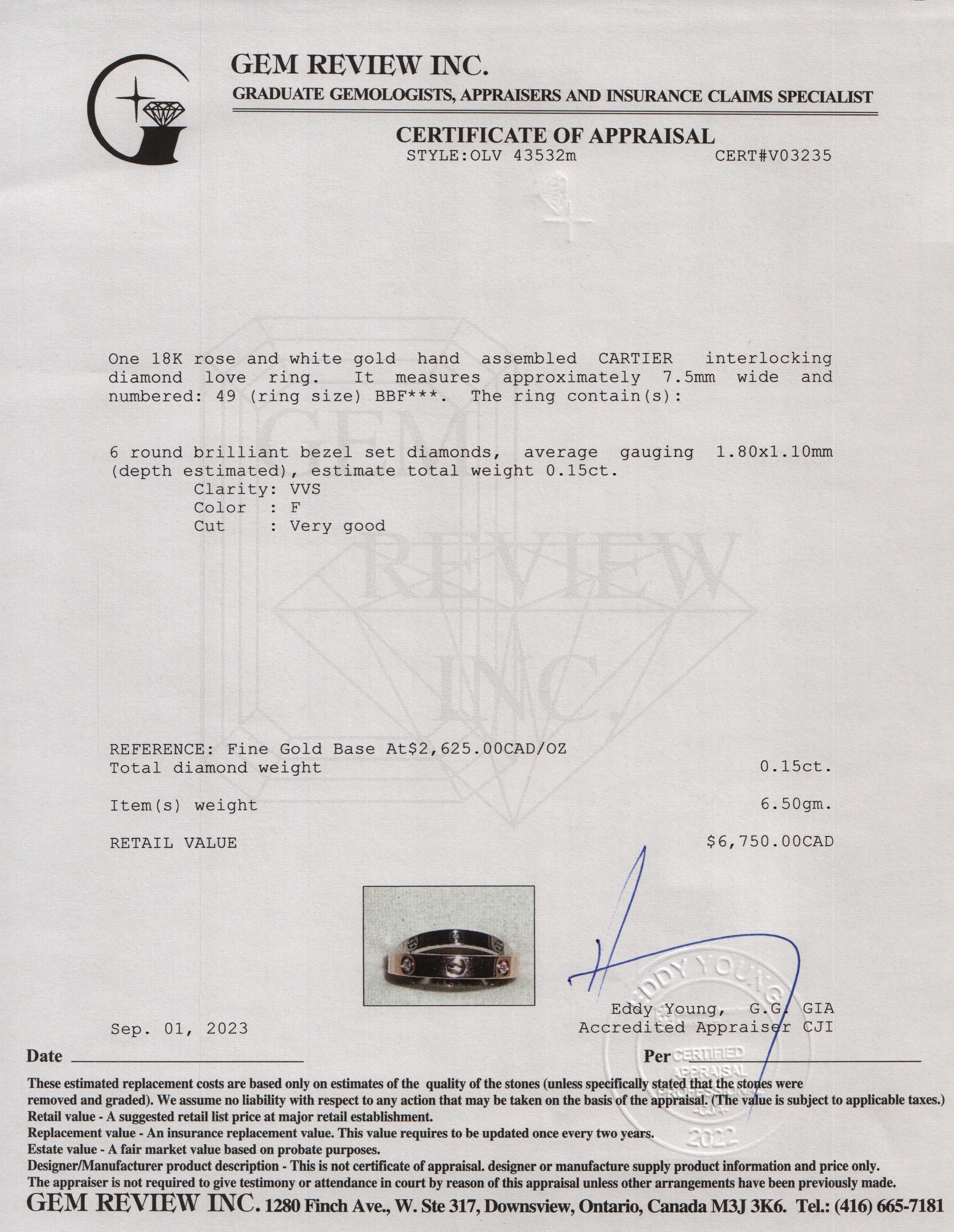 Cartier 18k White Gold and Rose Gold Interlocking Love Ring with 6 Diamonds w/ Box