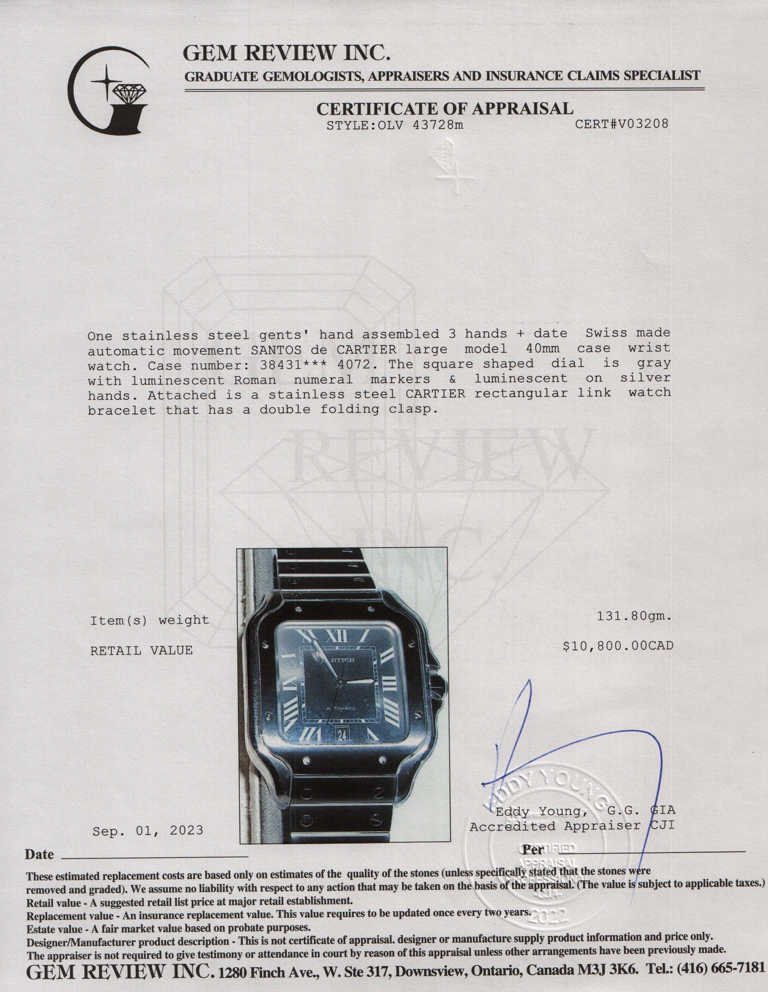 Cartier 2023 Santos de Cartier Watch, Large Model w/ Box & Papers