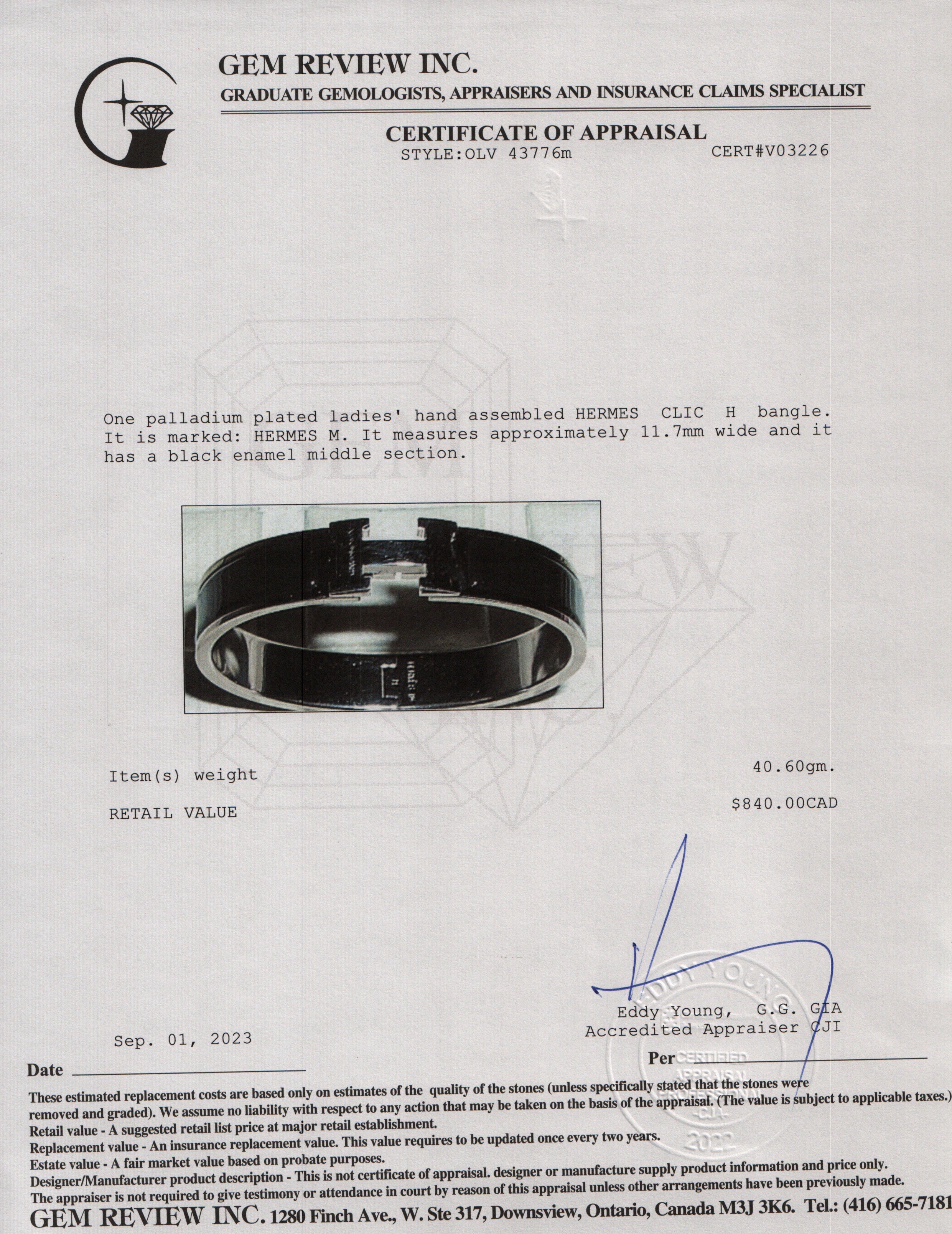 Hermes Paladium-Plated Black Enamel 12 MM Clic H Bracelet