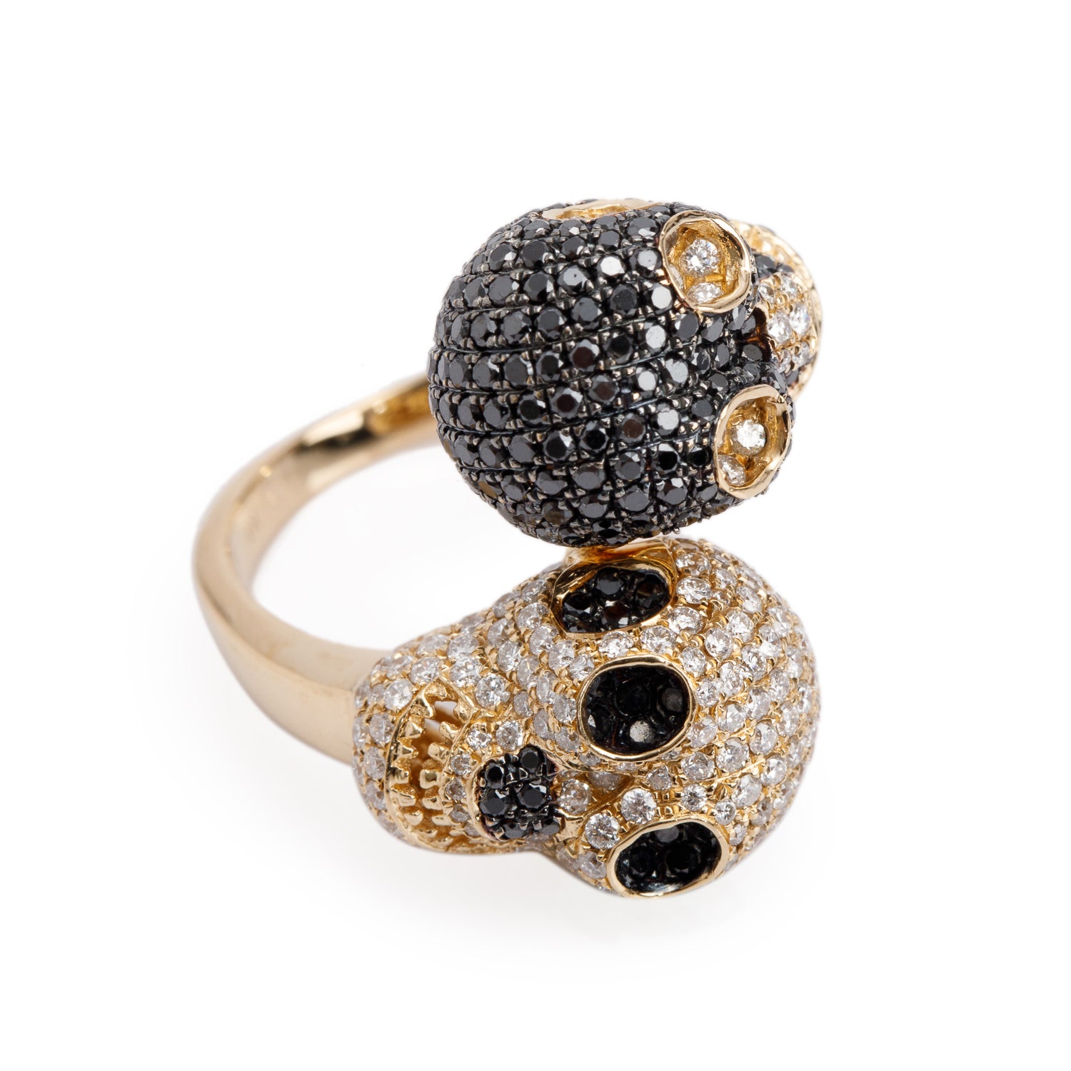18k Yellow Gold Black & White Diamond Twin Skull Ring, Size 7