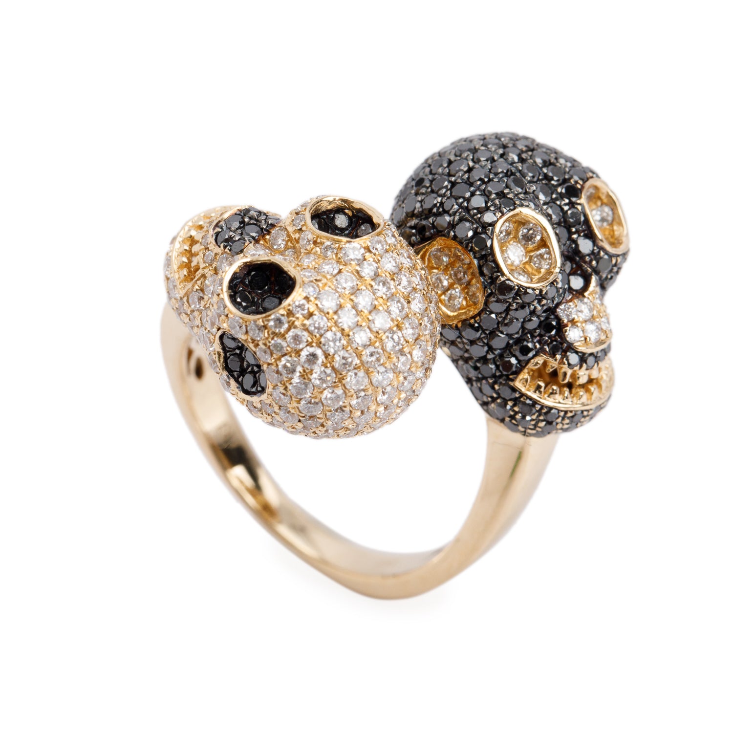 18k Yellow Gold Black & White Diamond Twin Skull Ring, Size 7