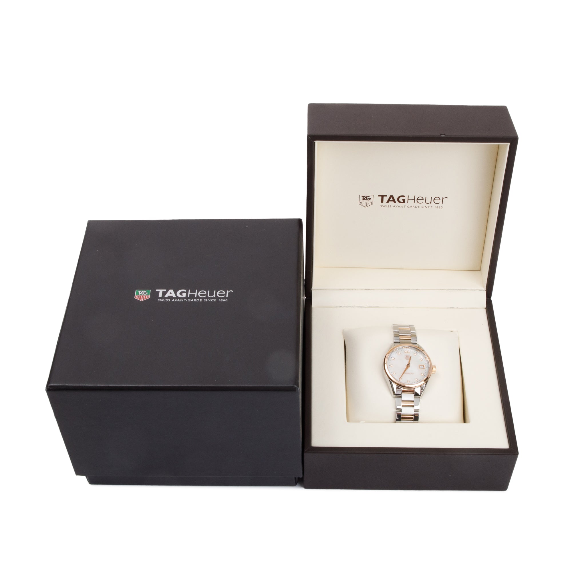 Tag Heuer Stainless Steel & 18k Rose Gold Mother of Pearl Diamond Dial Carrera 32 MM Watch w/ Box