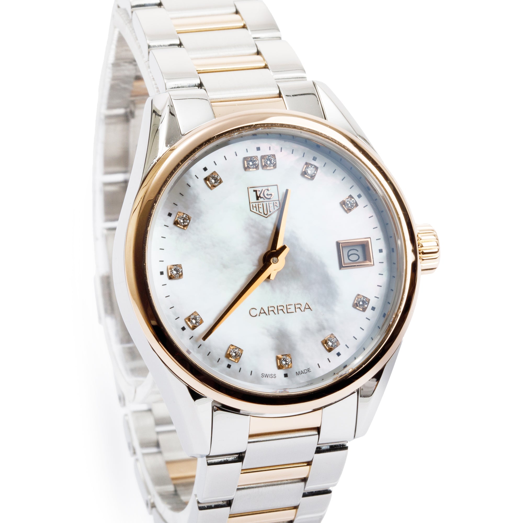 Tag Heuer Stainless Steel & 18k Rose Gold Mother of Pearl Diamond Dial Carrera 32 MM Watch w/ Box