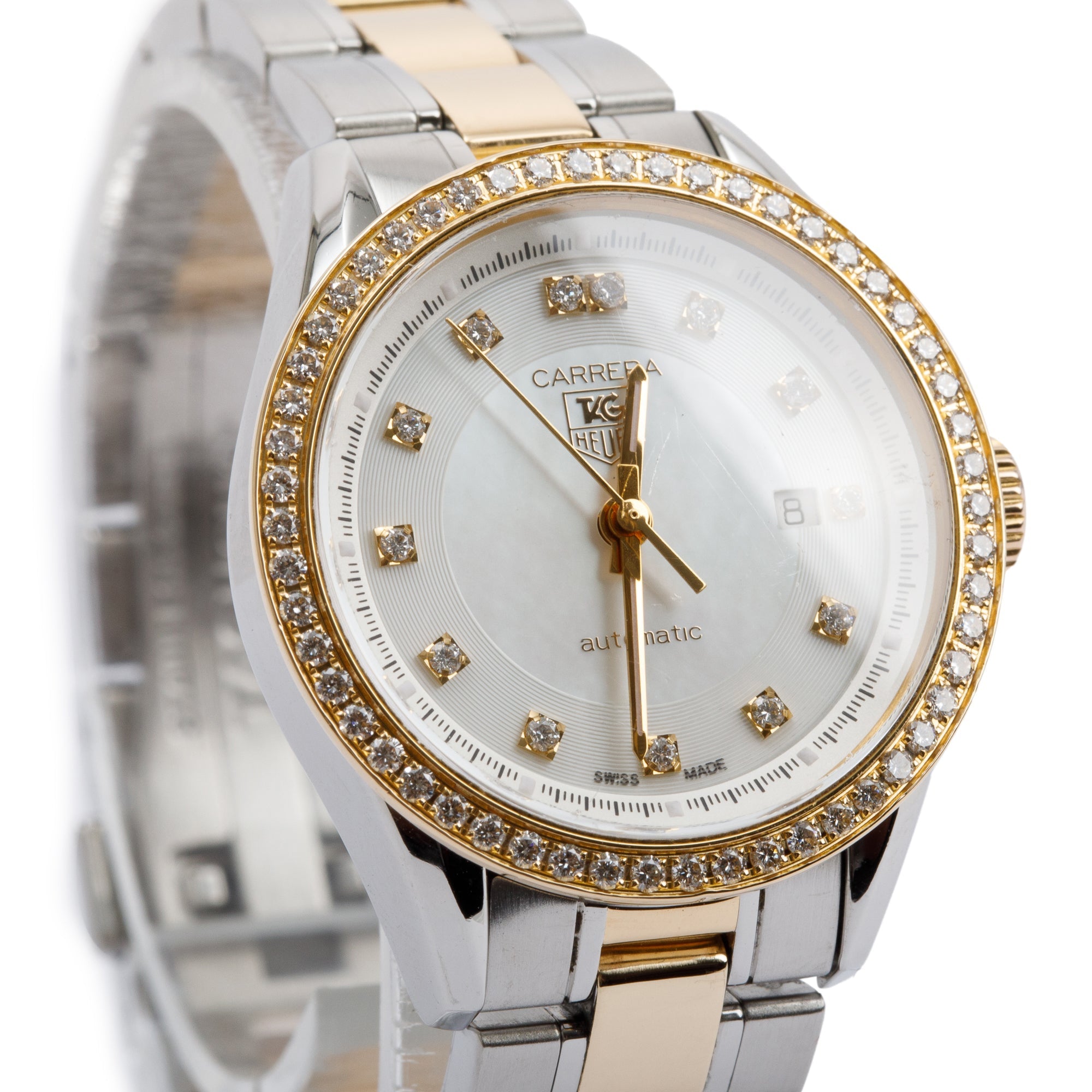 Tag Heuer Stainless Steel & 18k Yellow Gold Diamond Bezel & Dial Carrera 28 MM Automatic Watch