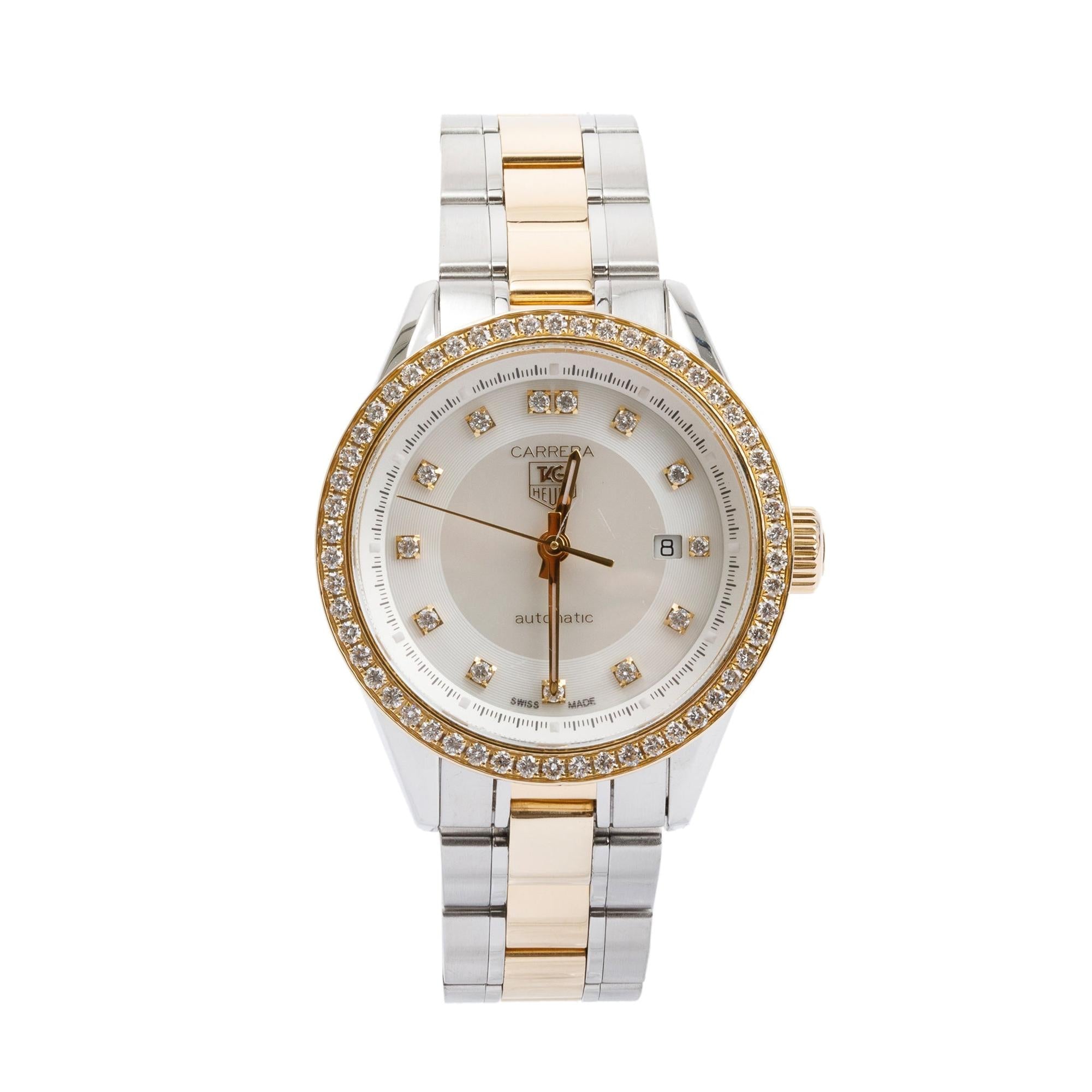 Tag Heuer Stainless Steel & 18k Yellow Gold Diamond Bezel & Dial Carrera 28 MM Automatic Watch
