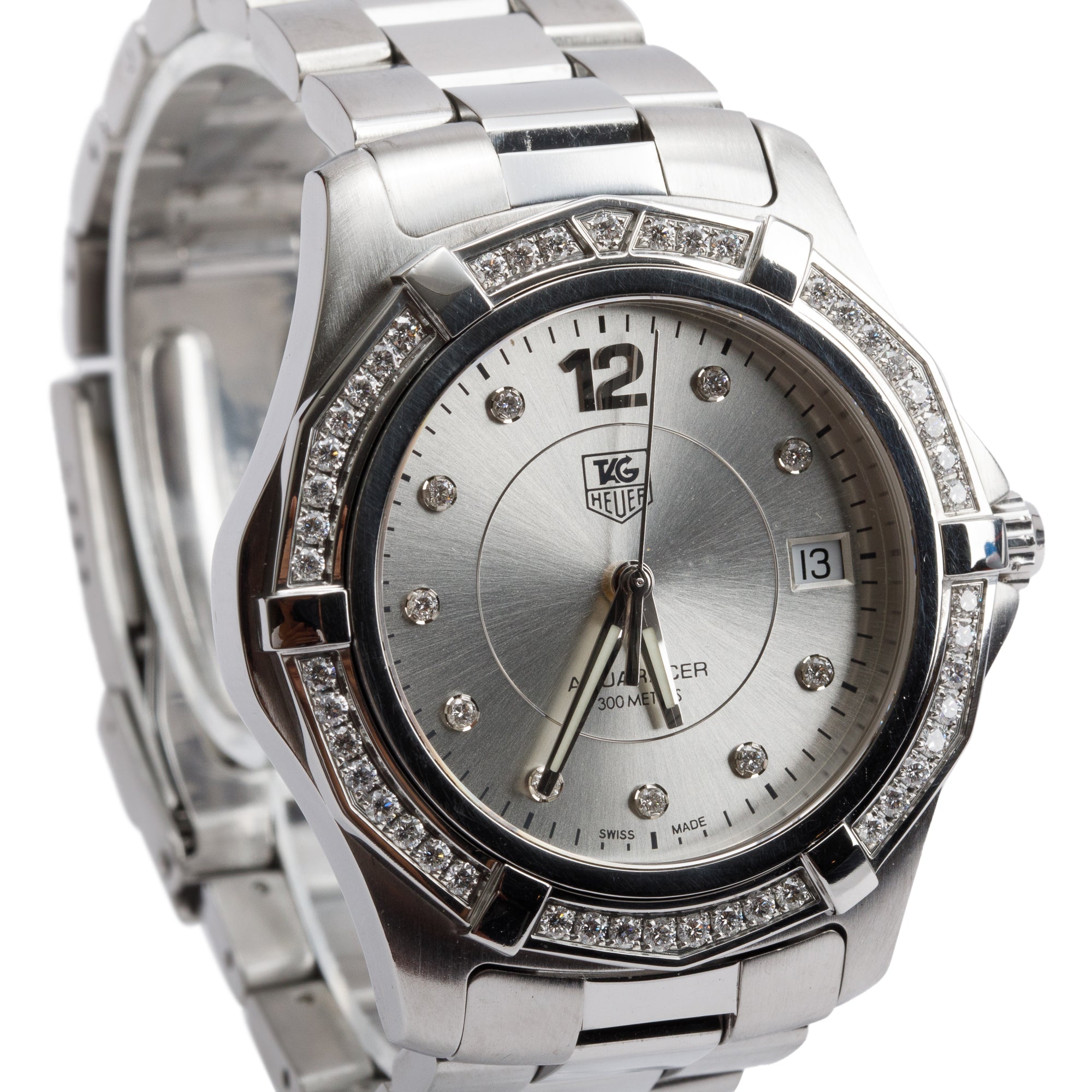 Tag Heuer Stainless Steel Aquaracer Diamond Bezel & Dial 38 MM Watch WAF1118 w/ Box