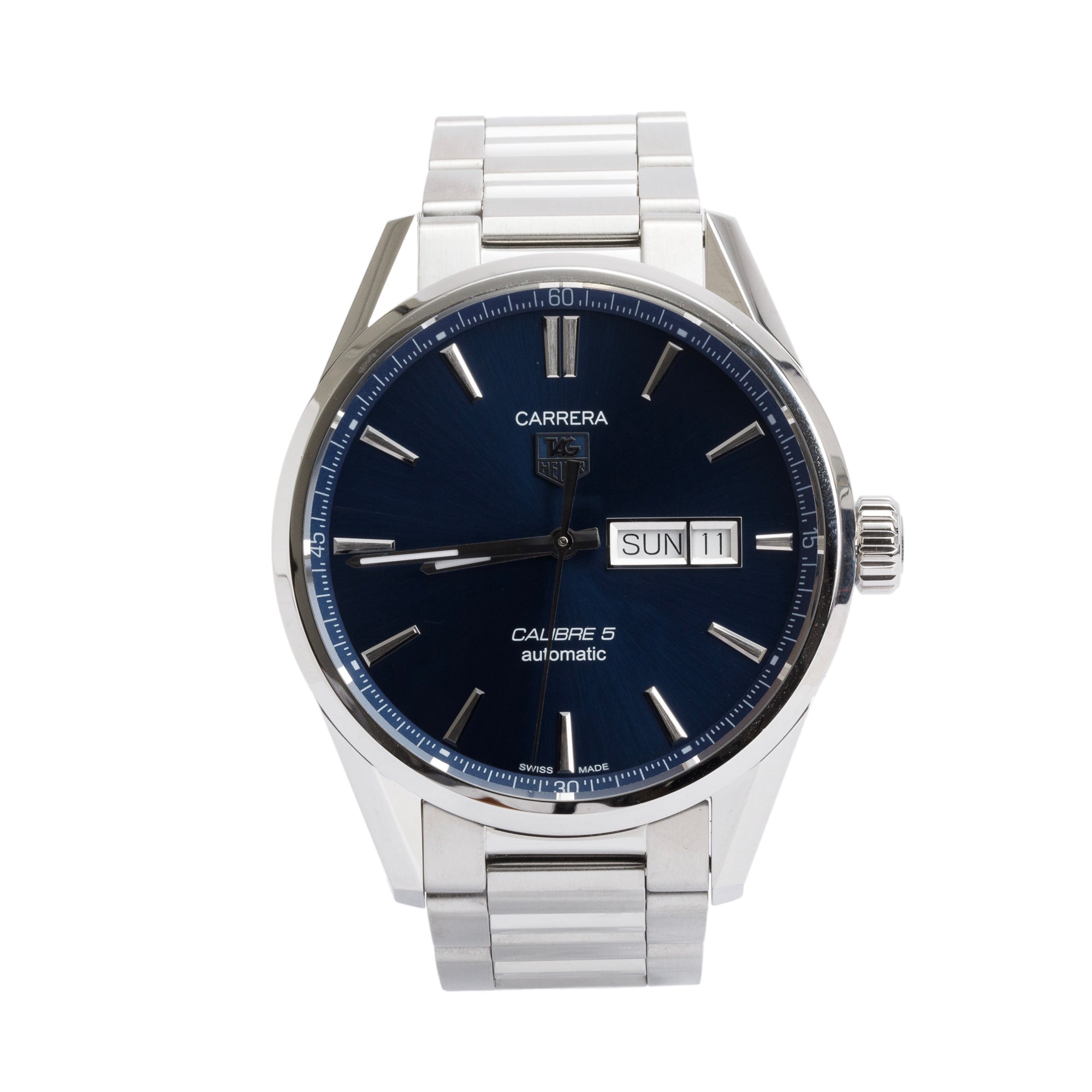 Tag Heuer Stainless Steel Blue Dial Carrera Day Date Calibre 5 41 MM Automatic Watch WAR201E w/ Box & Papers