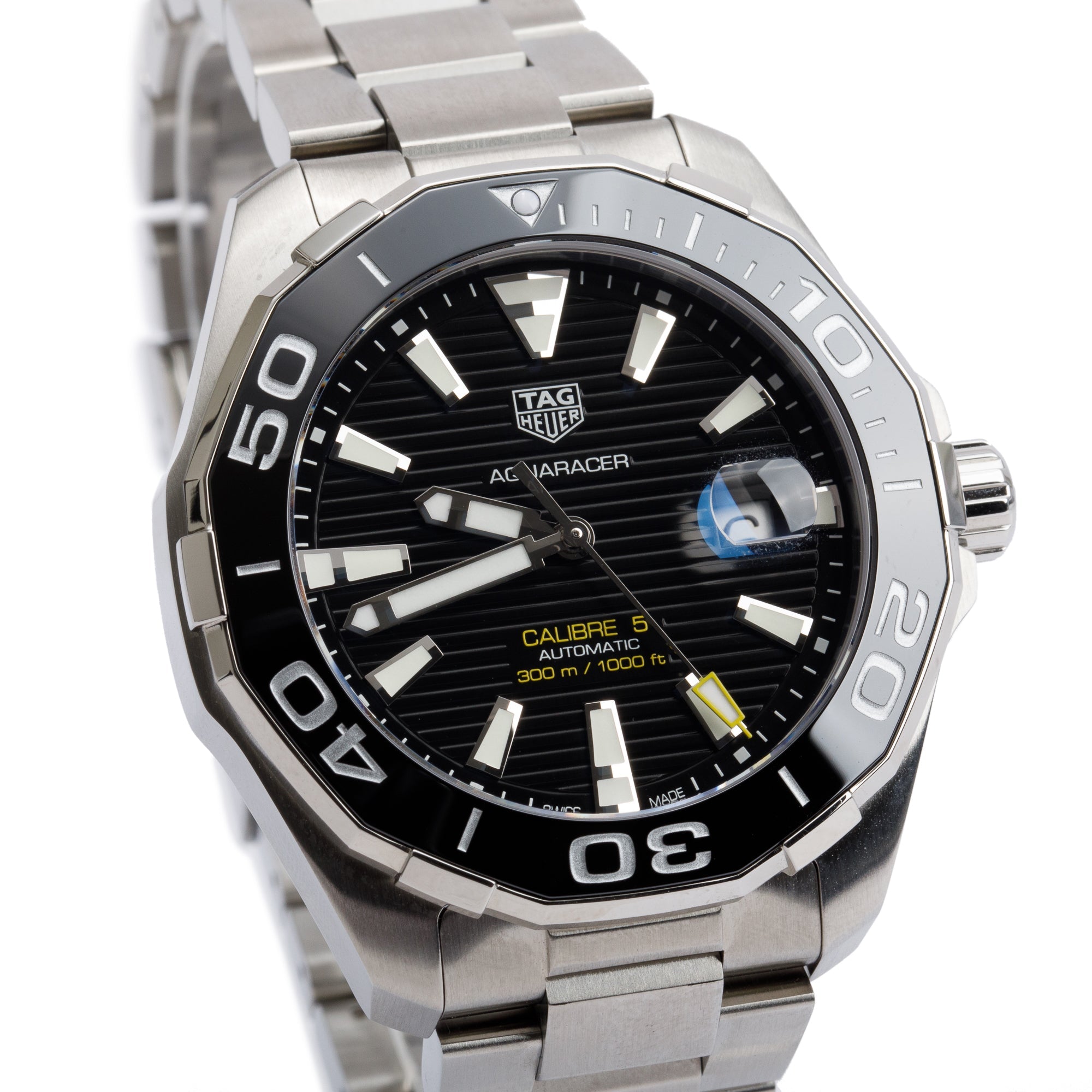 Tag Heuer Stainless Steel Calibre 5 Aquaracer 43 MM Black Dial Automatic Watch WAY201A w/ Box & Papers