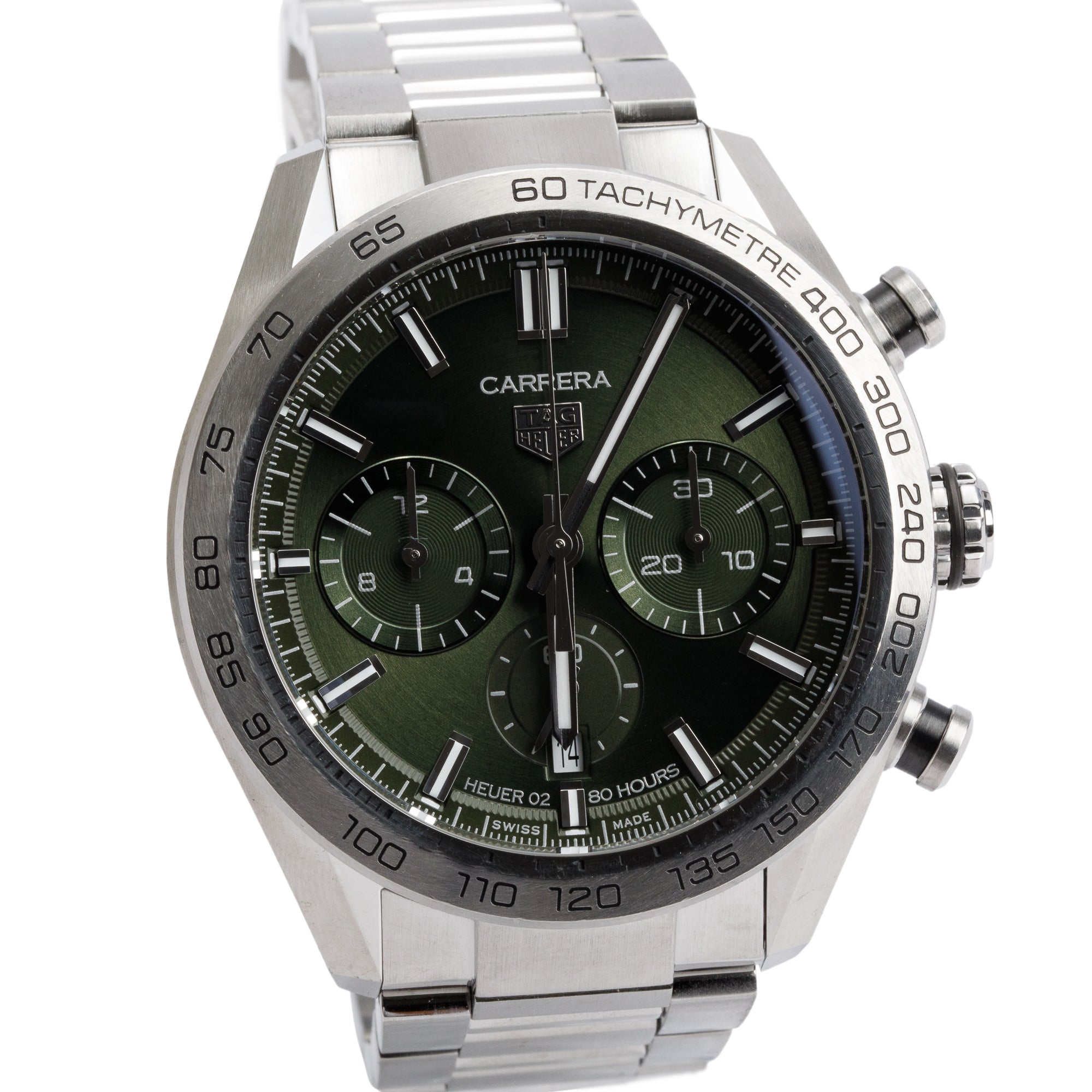 Tag Heuer Stainless Steel Carrera Green Dial 44 MM Automatic Chronograph Watch CBN2A10