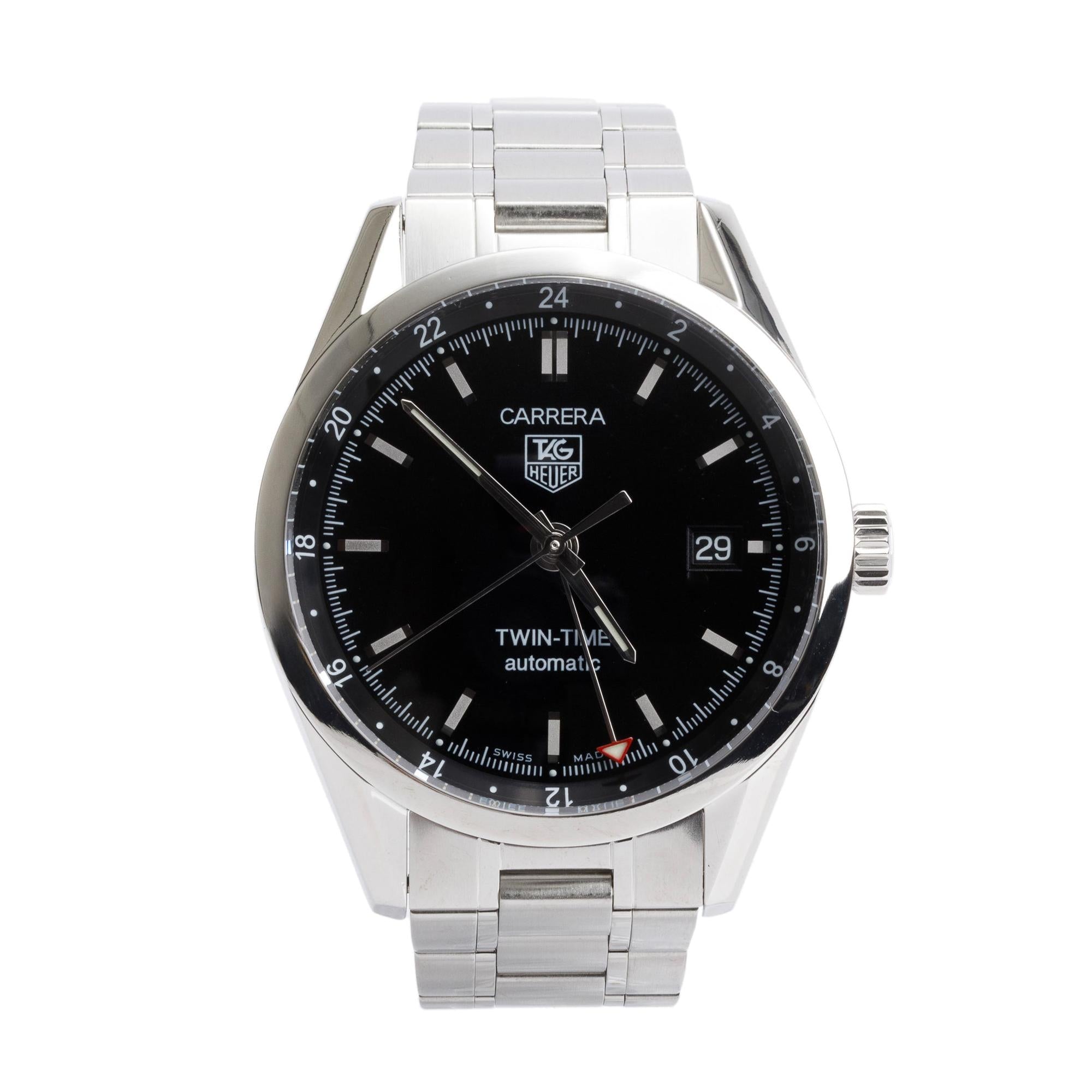 Tag Heuer Stainless Steel Carrera Twin-Time 39 MM Automatic Watch WV2115-0 w/ Box & Papers