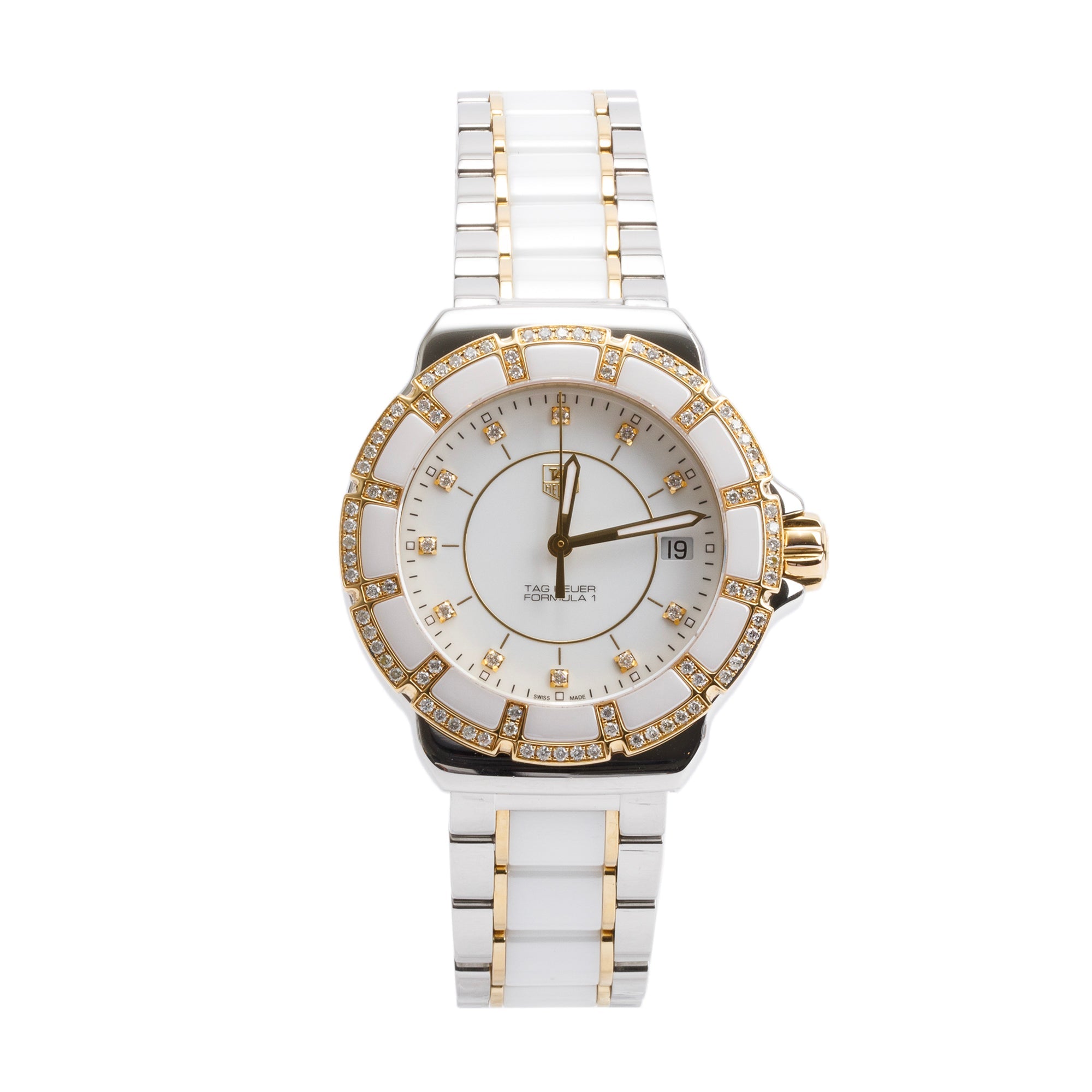 Tag Heuer Stainless Steel & Gold Plated White Ceramic Diamond Bezel & Dial Formula 1 37 MM Watch w/ Box & Papers