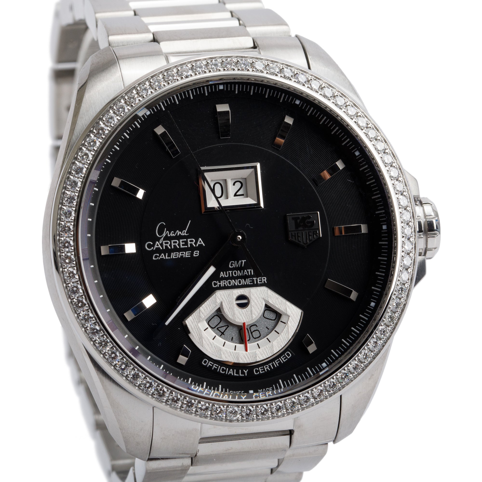 Tag Heuer Stainless Steel Grand Carrera Diamond Bezel 42.5 MM Automatic Watch Black Dial WAV5115