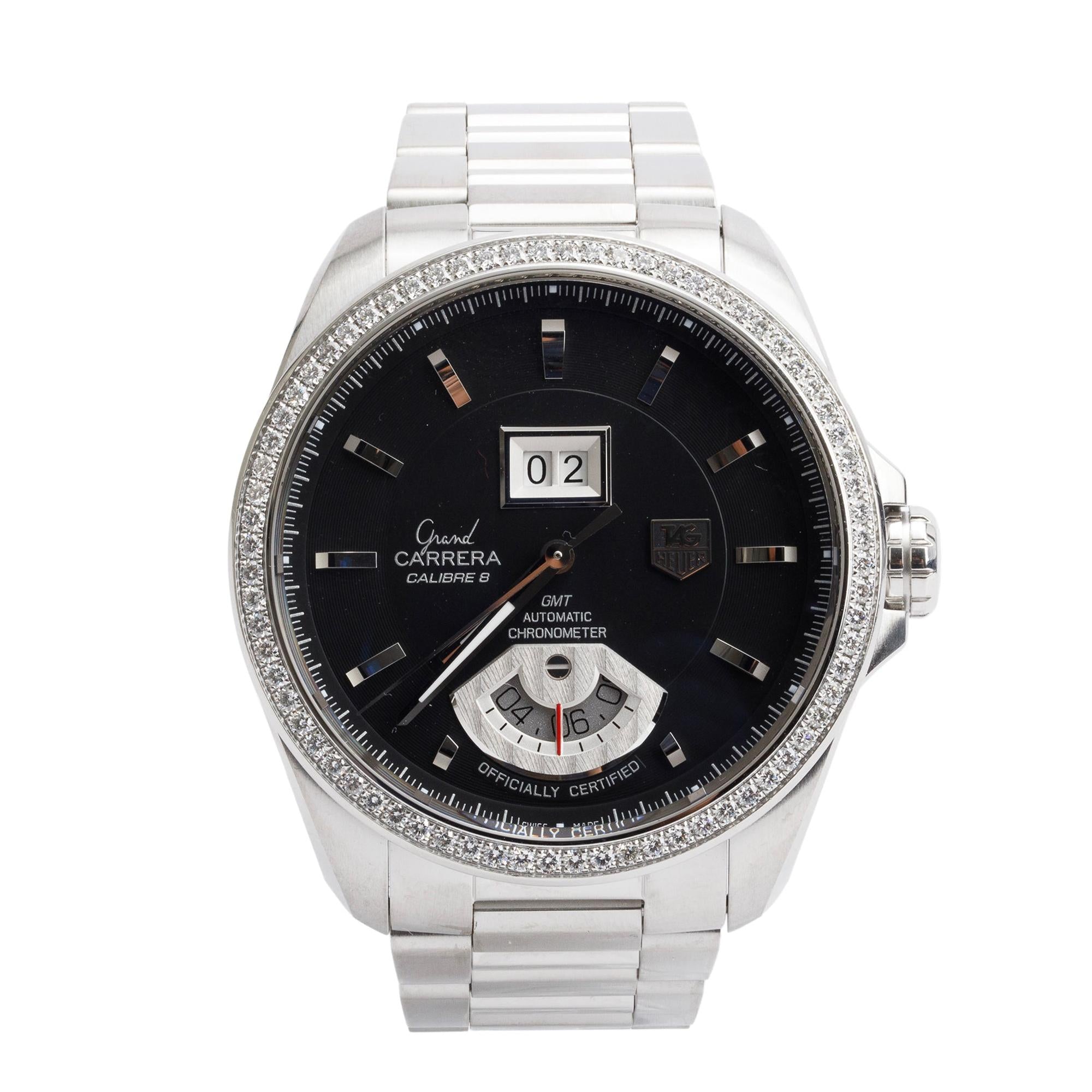 Tag Heuer Stainless Steel Grand Carrera Diamond Bezel 42.5 MM Automatic Watch Black Dial WAV5115