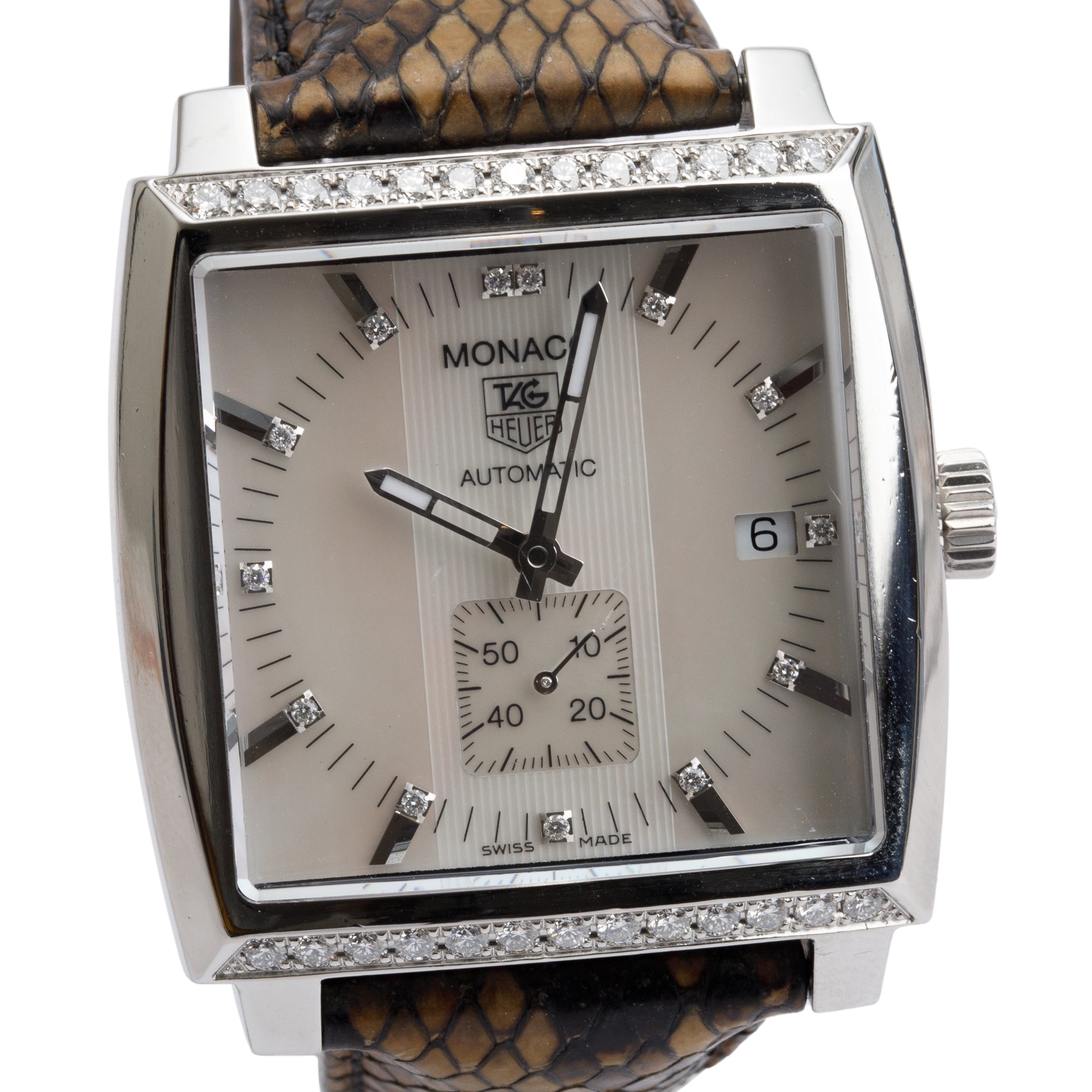 Tag Heuer Stainless Steel Monaco Diamond Bezel & Dial Automatic Watch WW2114