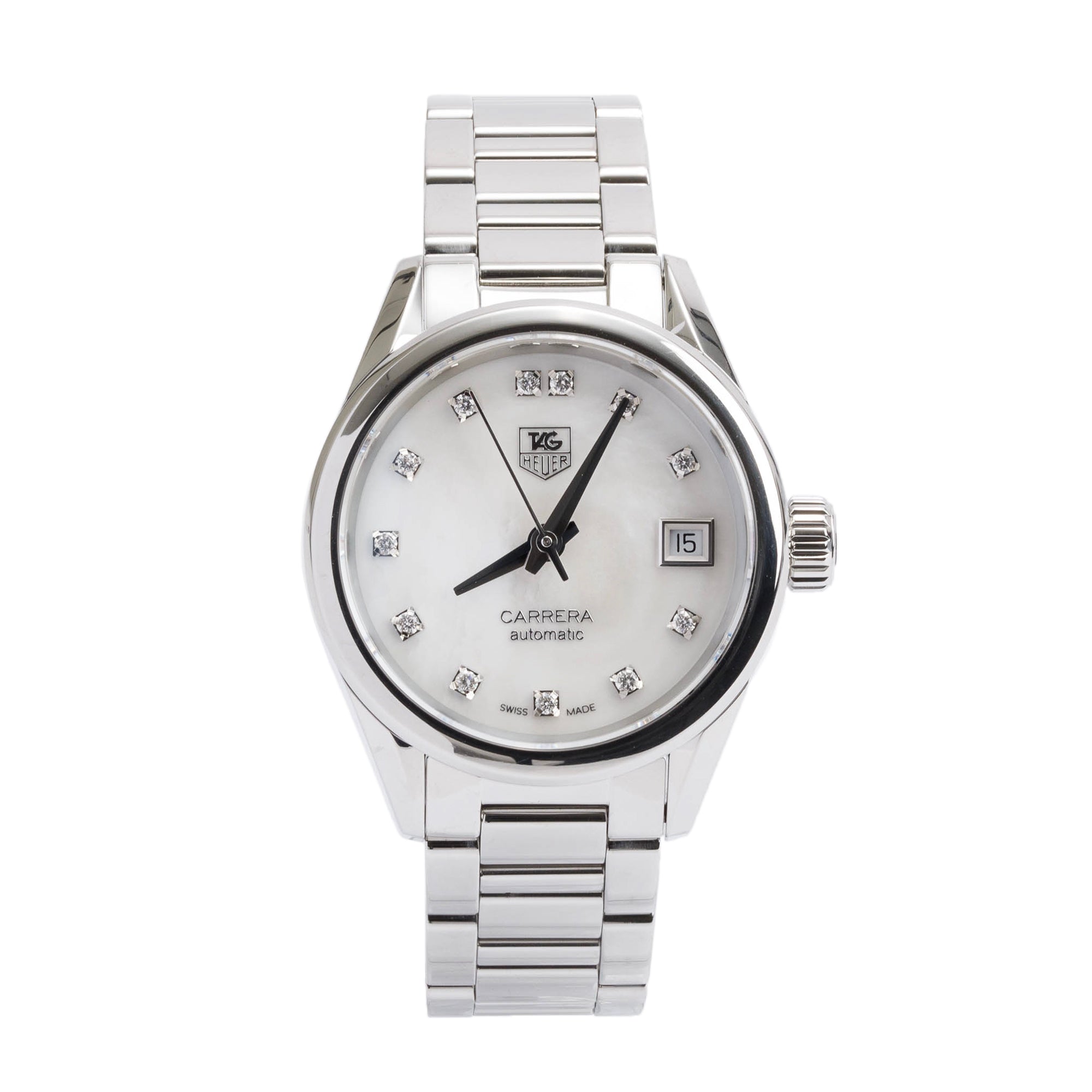 Tag Heuer Stainless Steel Mother of Pearl Diamond Dial Carrera 28 MM Automatic Watch WAR2414
