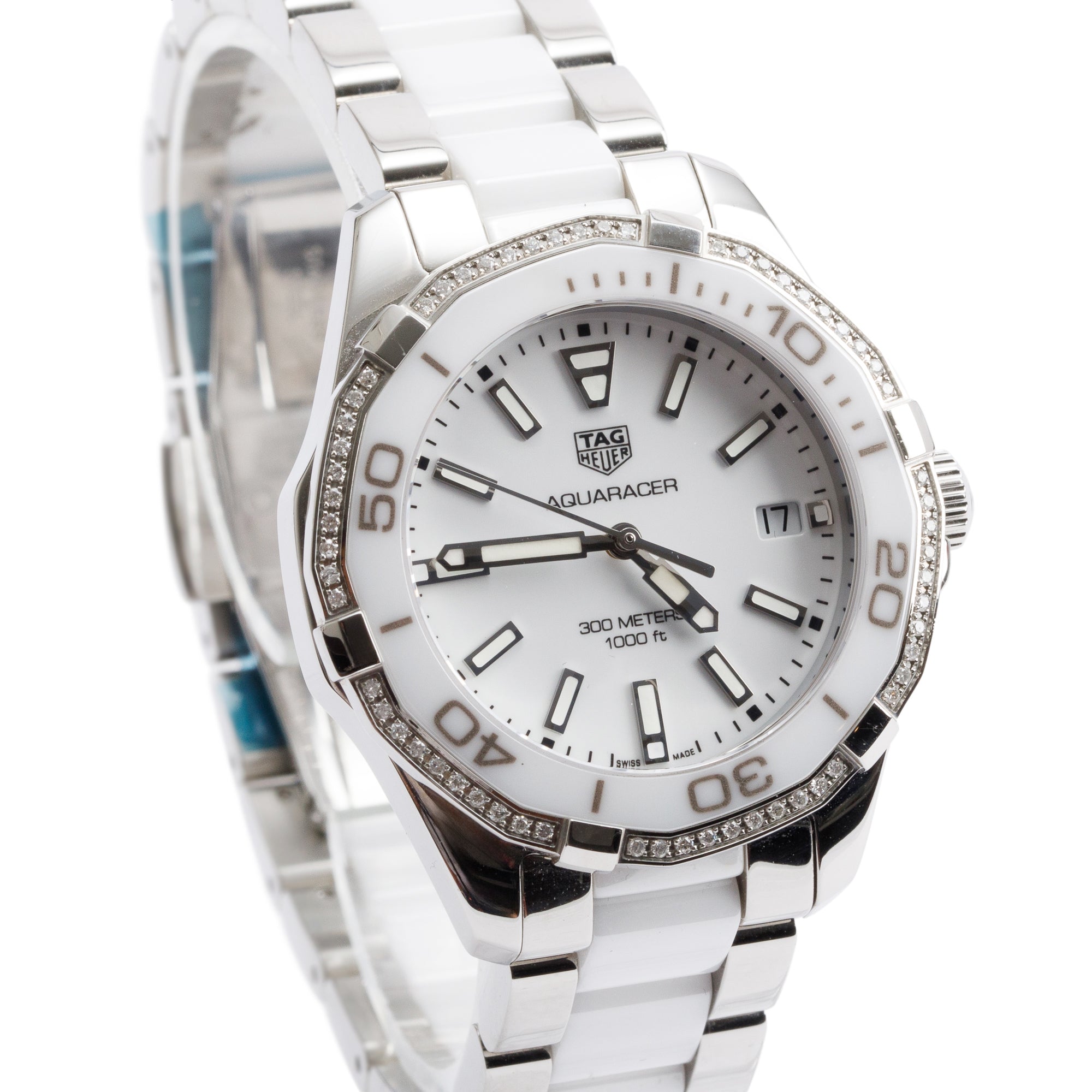 Tag Heuer Stainless Steel & White Ceramic Aquaracer Diamond Bezel 35 MM Watch WAY131H w/ Box & Papers