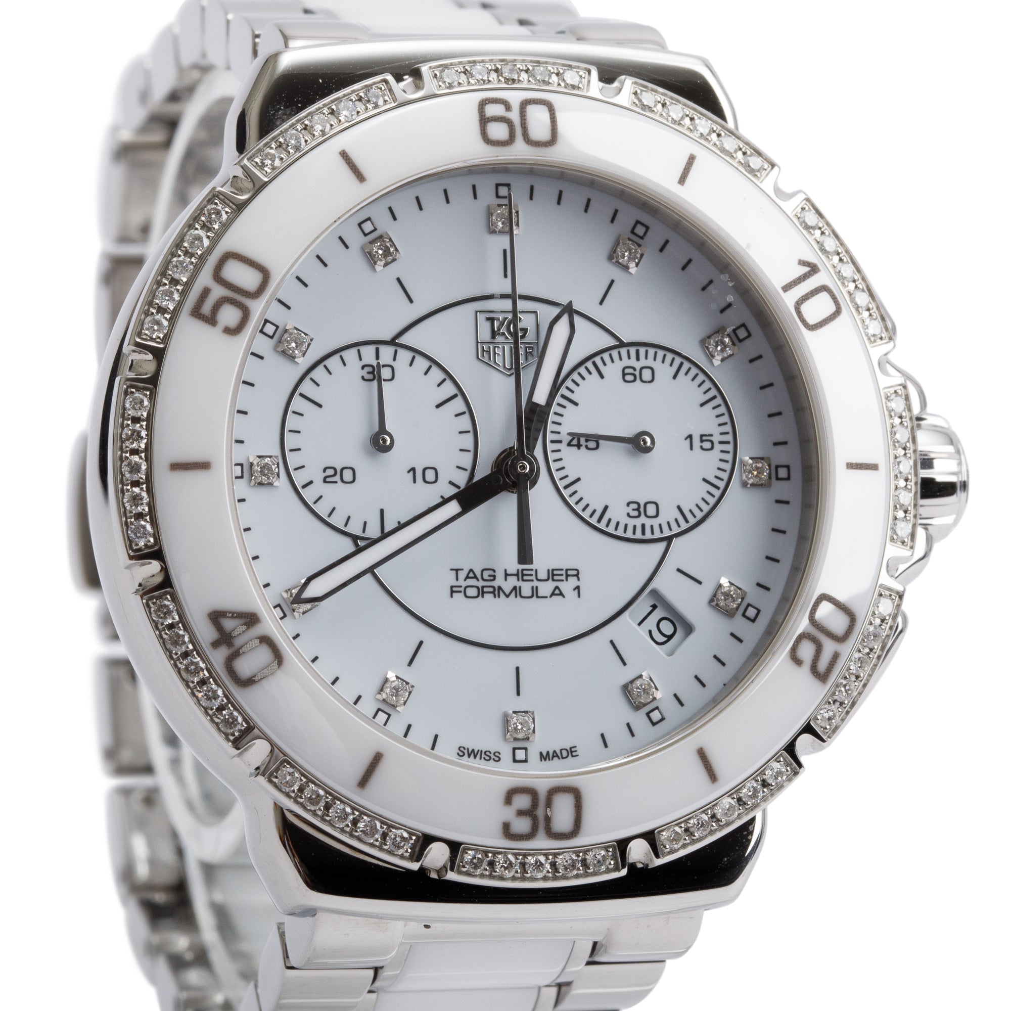 Tag Heuer Stainless Steel & White Ceramic Diamond Bezel & Dial Formula 1 Chronograph 41 MM Watch CAH1213
