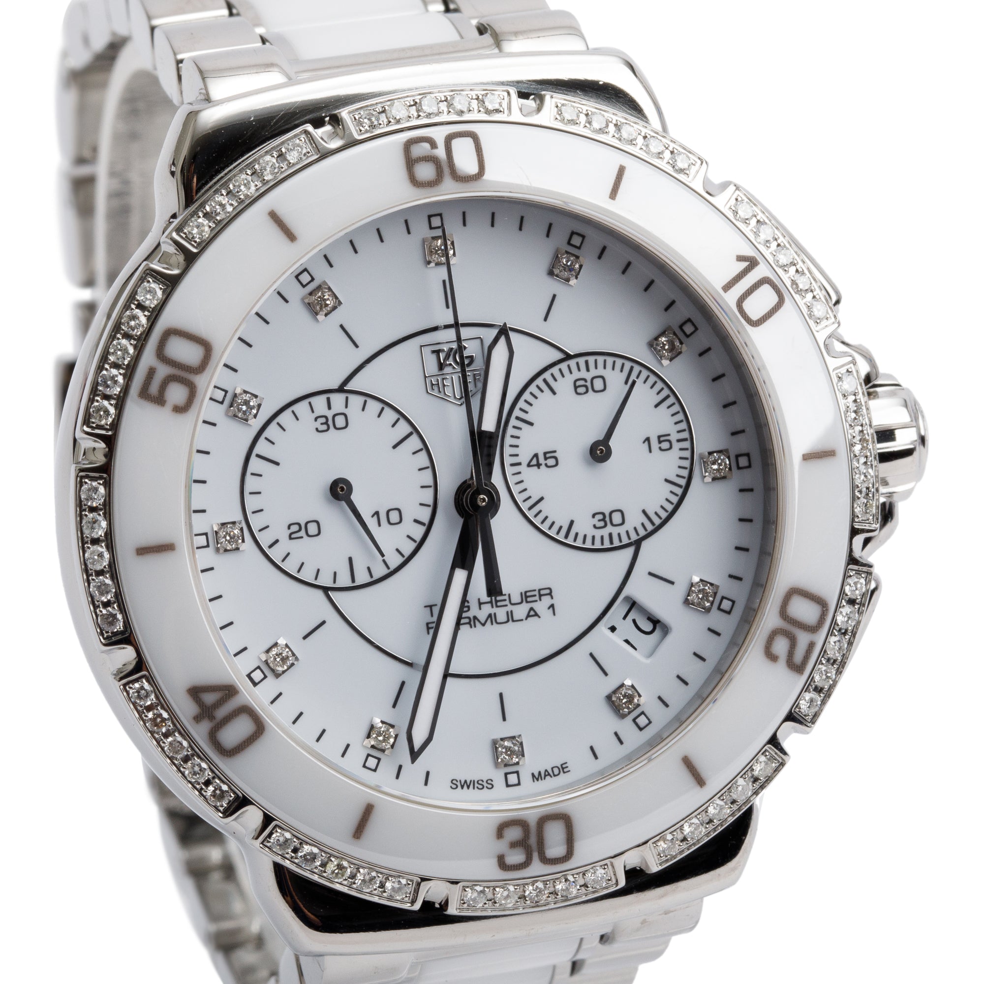 Tag Heuer Stainless Steel & White Ceramic Diamond Bezel & Dial Formula 1 Chronograph 41 MM Watch CAH1213