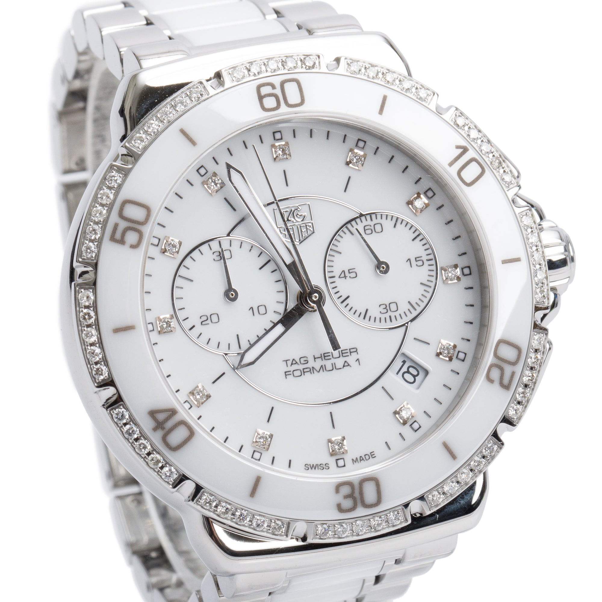 Tag Heuer Stainless Steel & White Ceramic Diamond Bezel & Dial Formula 1 Chronograph 41 MM Watch CAH1213 w/ Box & Papers