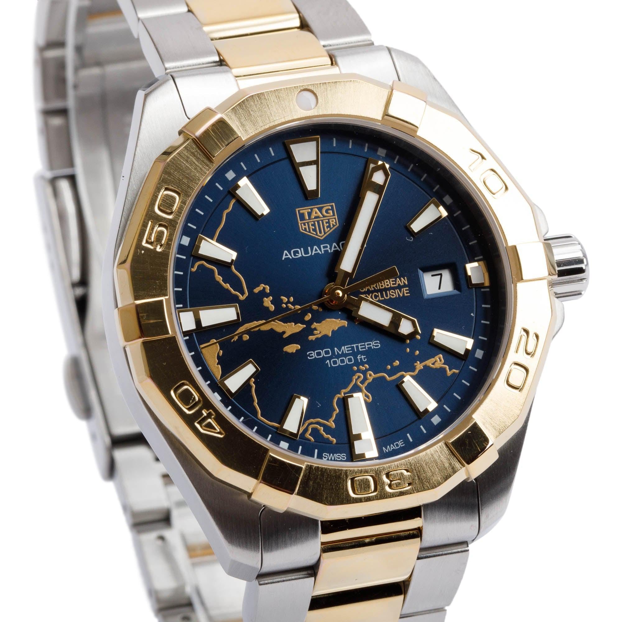Tag Heuer Stainless Steel & Yellow Gold Plated Caribbean Edition Aquaracer 41 MM Quartz Watch WBD1121 w/ Box & Papers