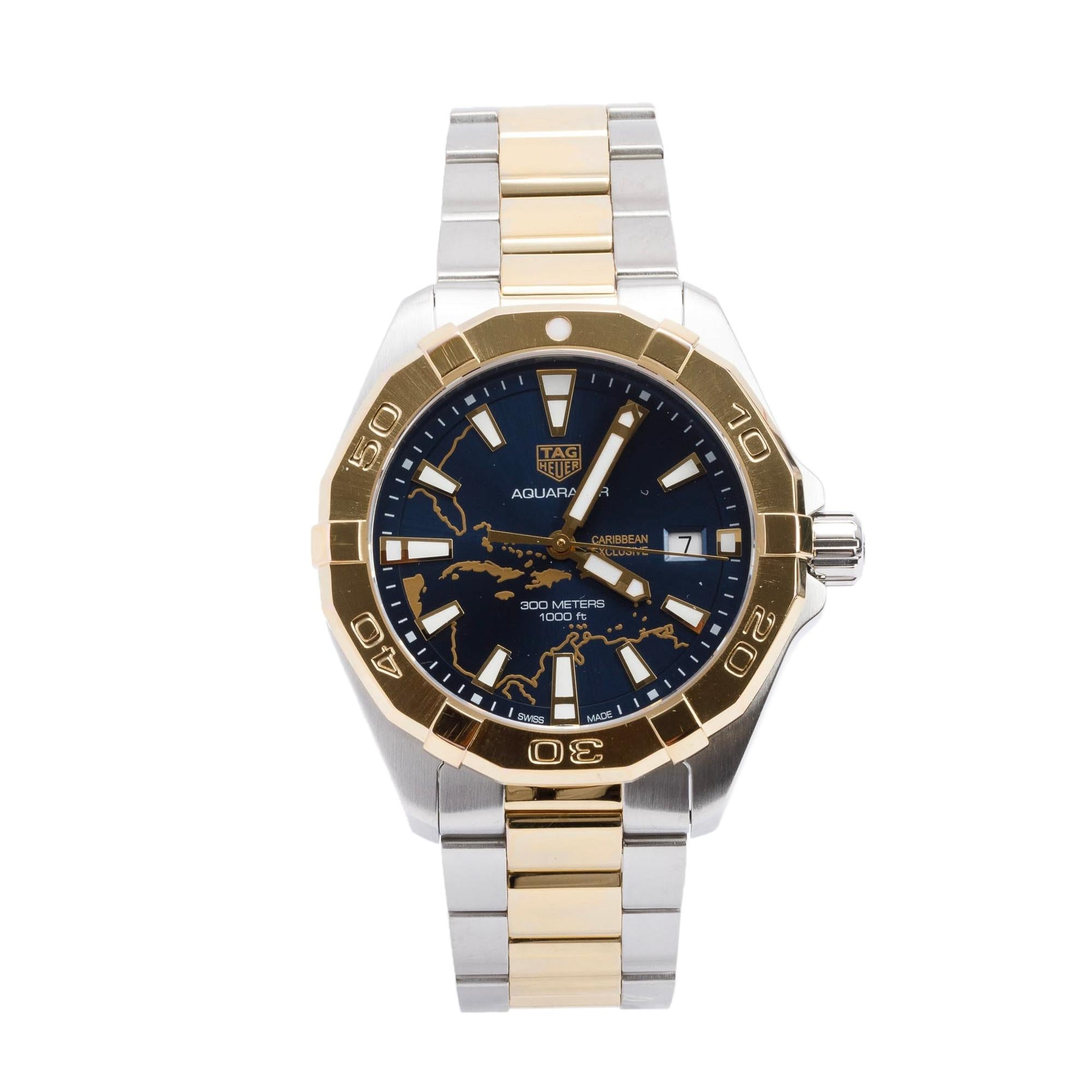 Tag Heuer Stainless Steel & Yellow Gold Plated Caribbean Edition Aquaracer 41 MM Quartz Watch WBD1121 w/ Box & Papers