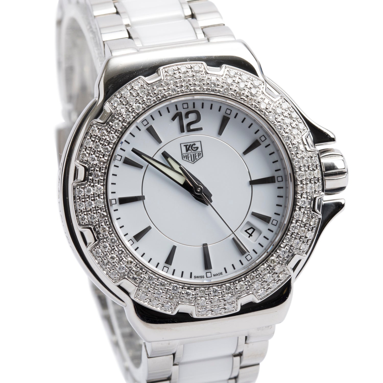 Tag Heuer Stainless Steel & White Ceramic Formula 1 Diamond Bezel 36 MM Watch WAH1215