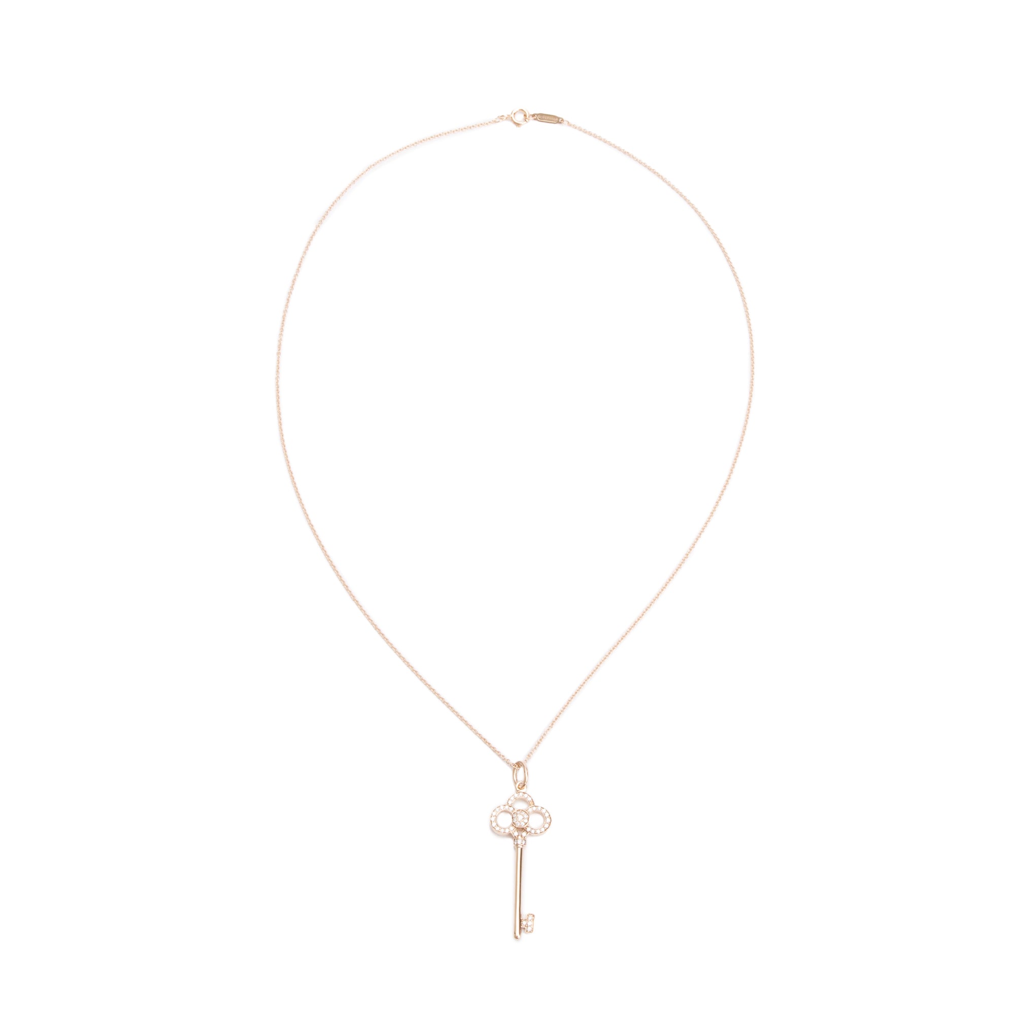Tiffany & Co. 18k Rose Gold Diamond 1.5" Crown Key Pendant Necklace w/ Box