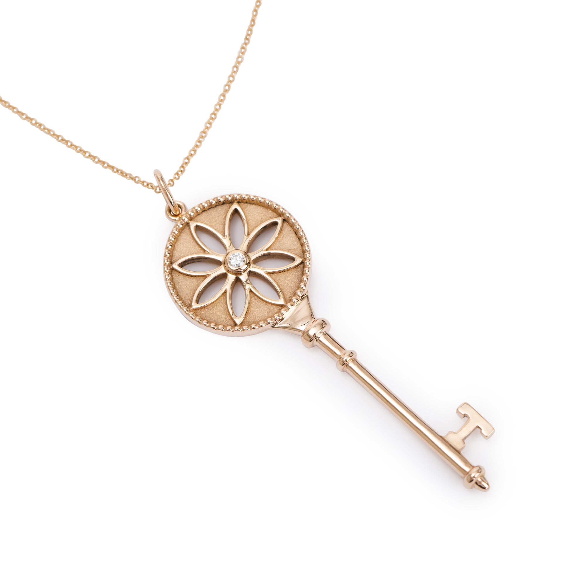Tiffany & Co. 18k Rose Gold Diamond Large Daisy Key Pendant Necklace