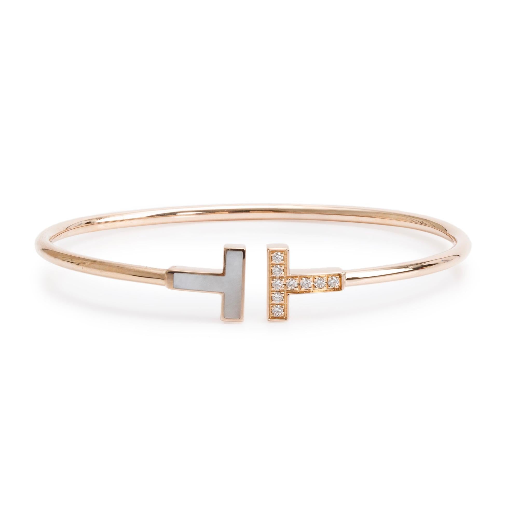 Tiffany & Co. 18k Rose Gold Diamond & Mother of Pearl T Wire Bracelet w/ Box