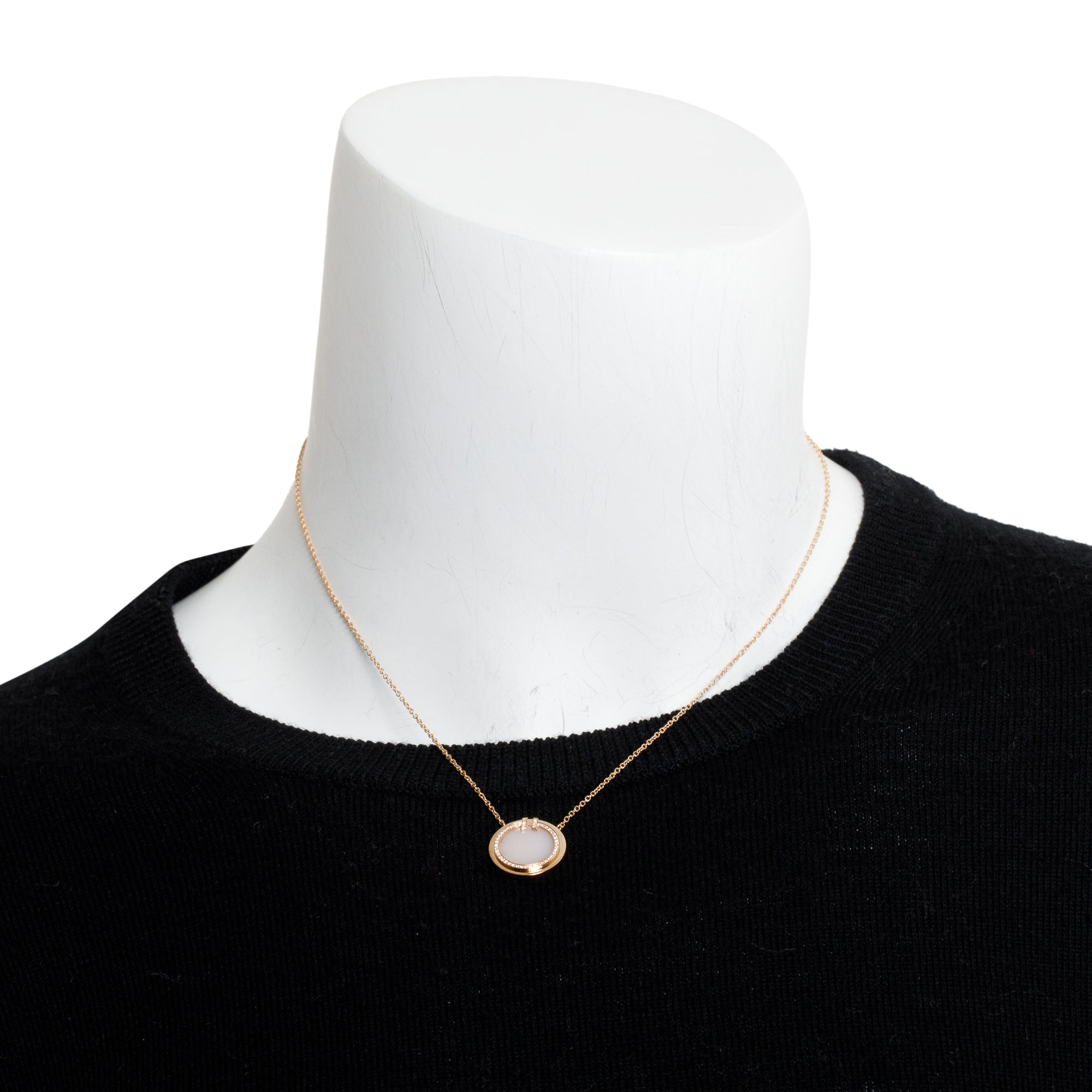 Tiffany & Co. 18k Rose Gold Diamond & Pink Opal 16 MM T Circle Pendant Necklace w/ Box