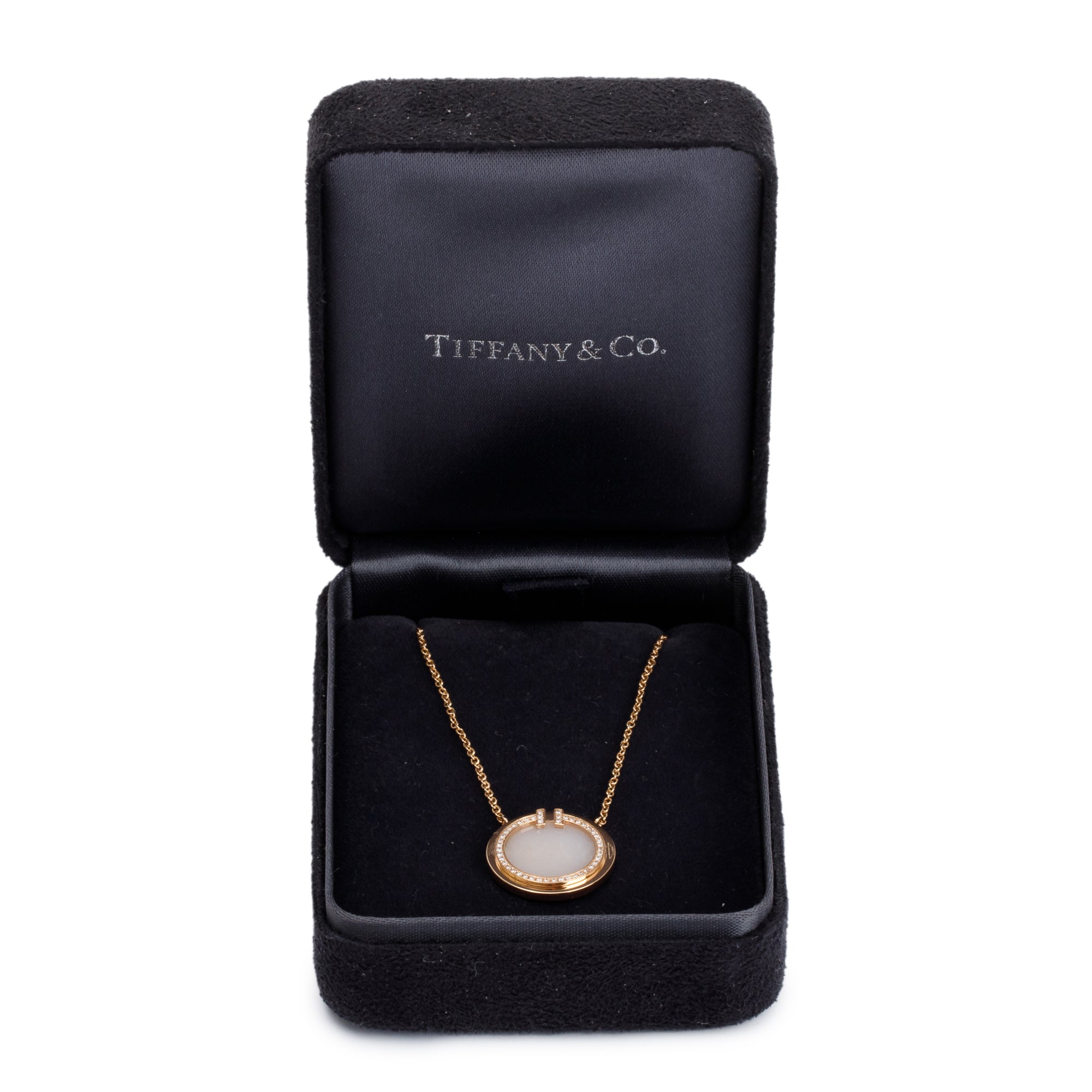 Tiffany & Co. 18k Rose Gold Diamond & Pink Opal 16 MM T Circle Pendant Necklace w/ Box