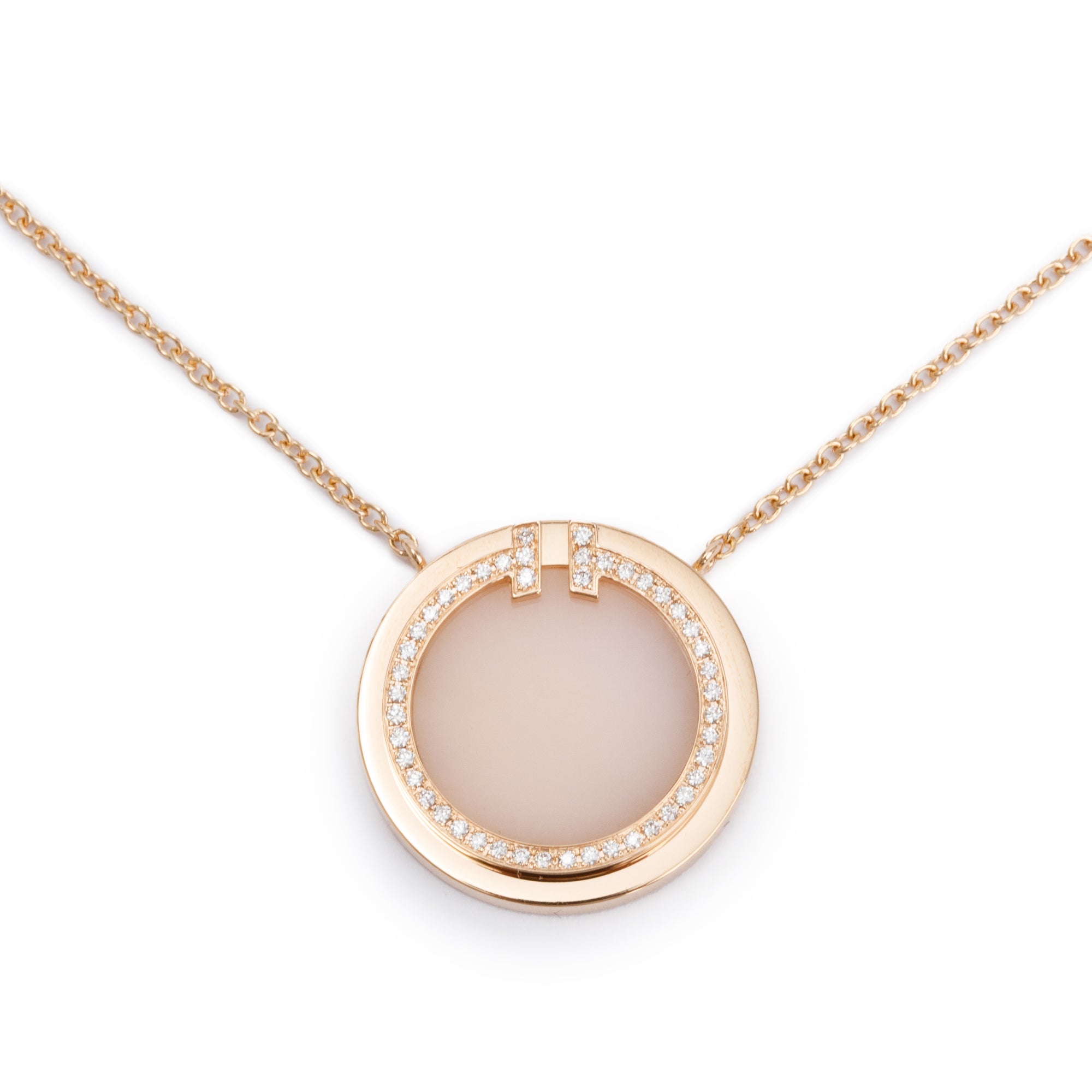 Tiffany & Co. 18k Rose Gold Diamond & Pink Opal 16 MM T Circle Pendant Necklace w/ Box