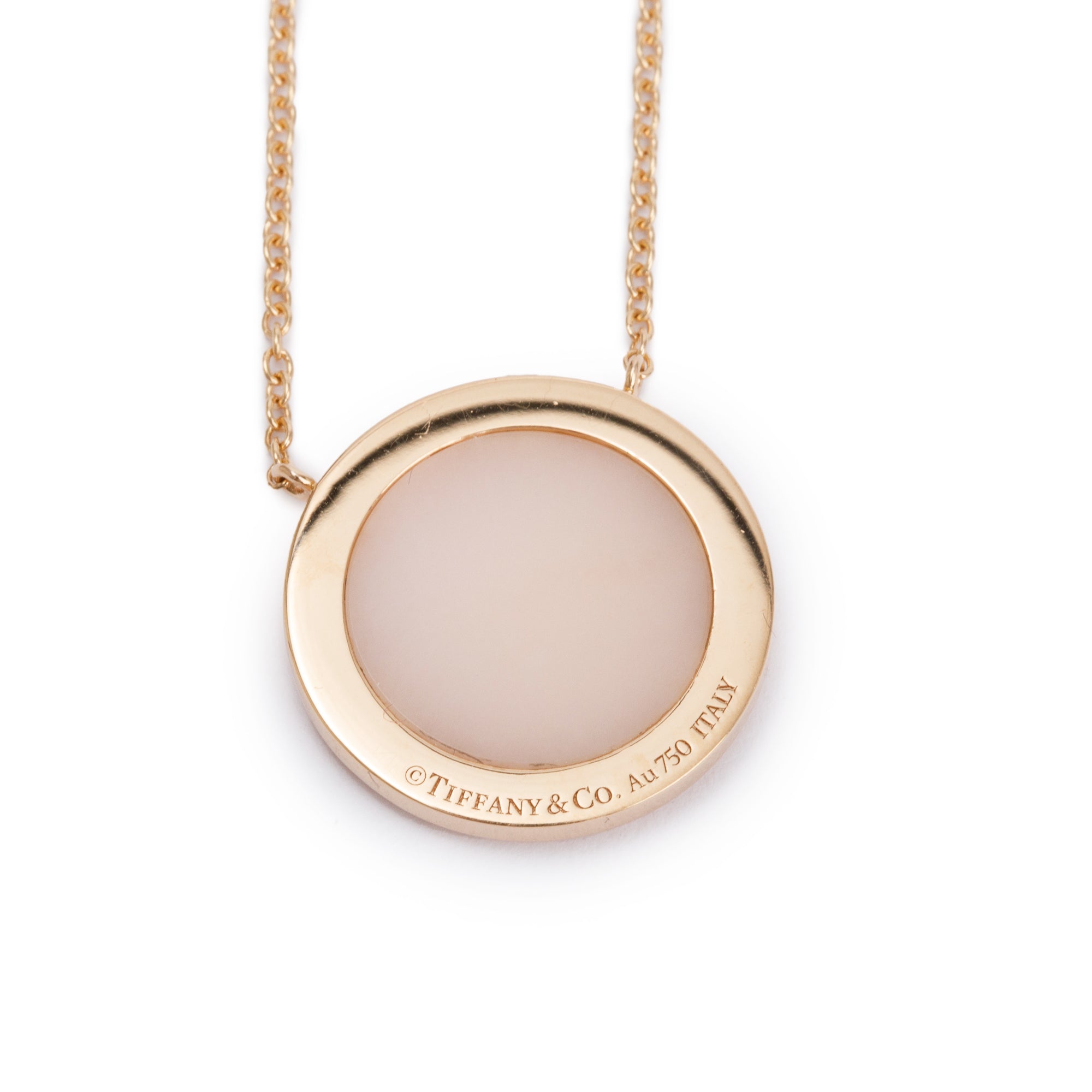 Tiffany & Co. 18k Rose Gold Diamond & Pink Opal 16 MM T Circle Pendant Necklace w/ Box