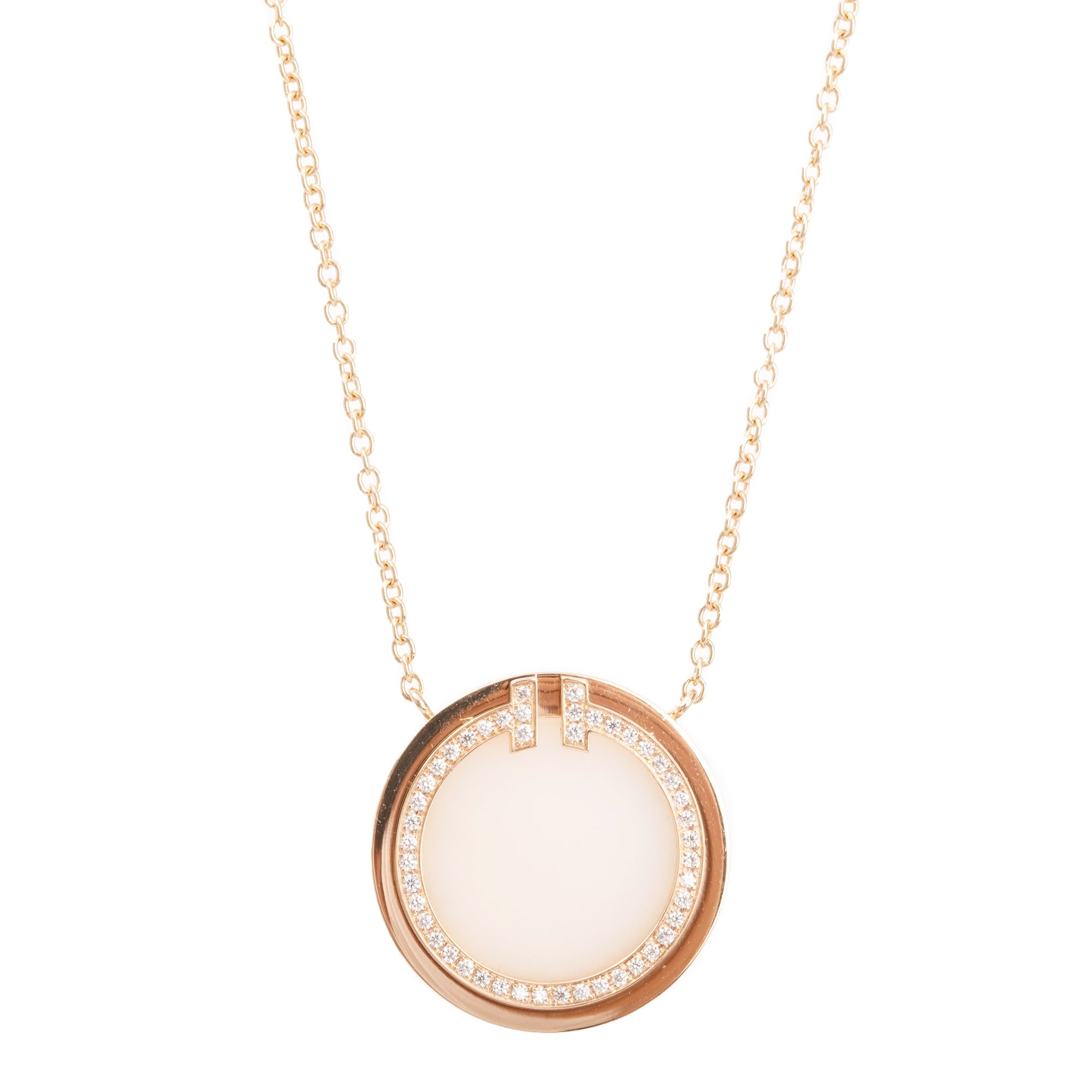 Tiffany & Co. 18k Rose Gold Diamond & Pink Opal 16 MM T Circle Pendant Necklace w/ Box