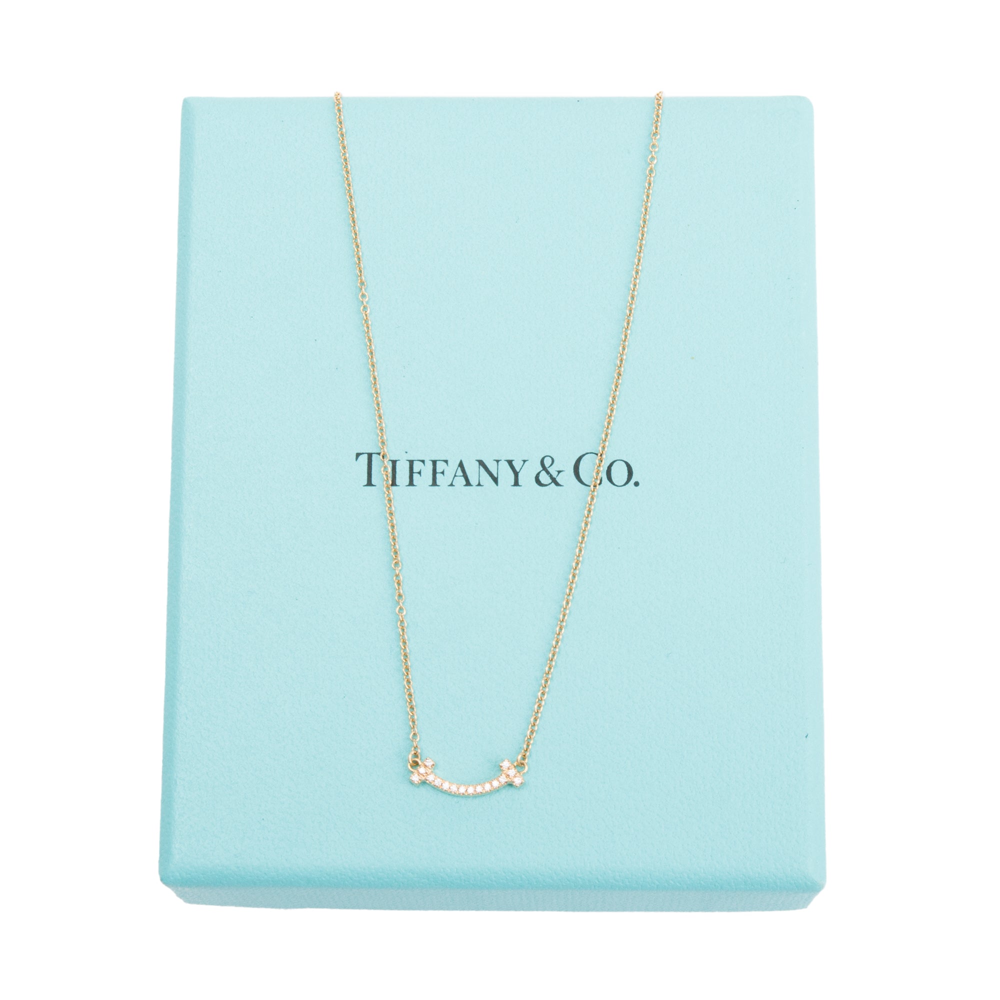 Tiffany & Co. 18k Rose Gold Mini T Smile Diamond Pendant Necklace w/ Box