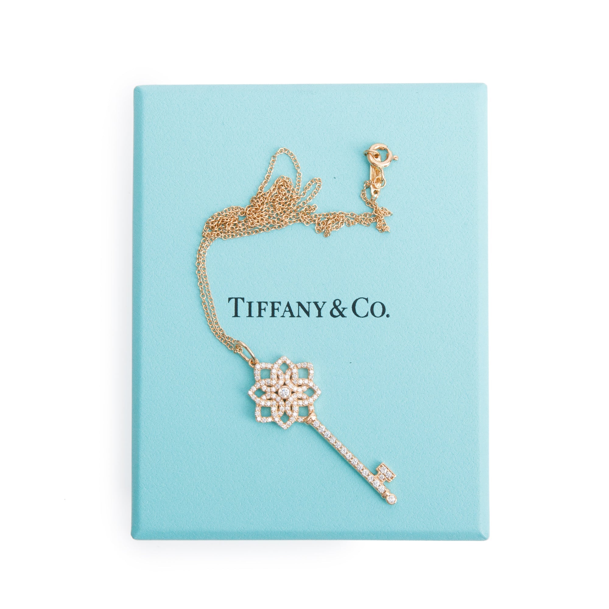 Tiffany & Co. 18k Rose Gold Pave Diamond 1.5" Woven Key Pendant Necklace w/ Box