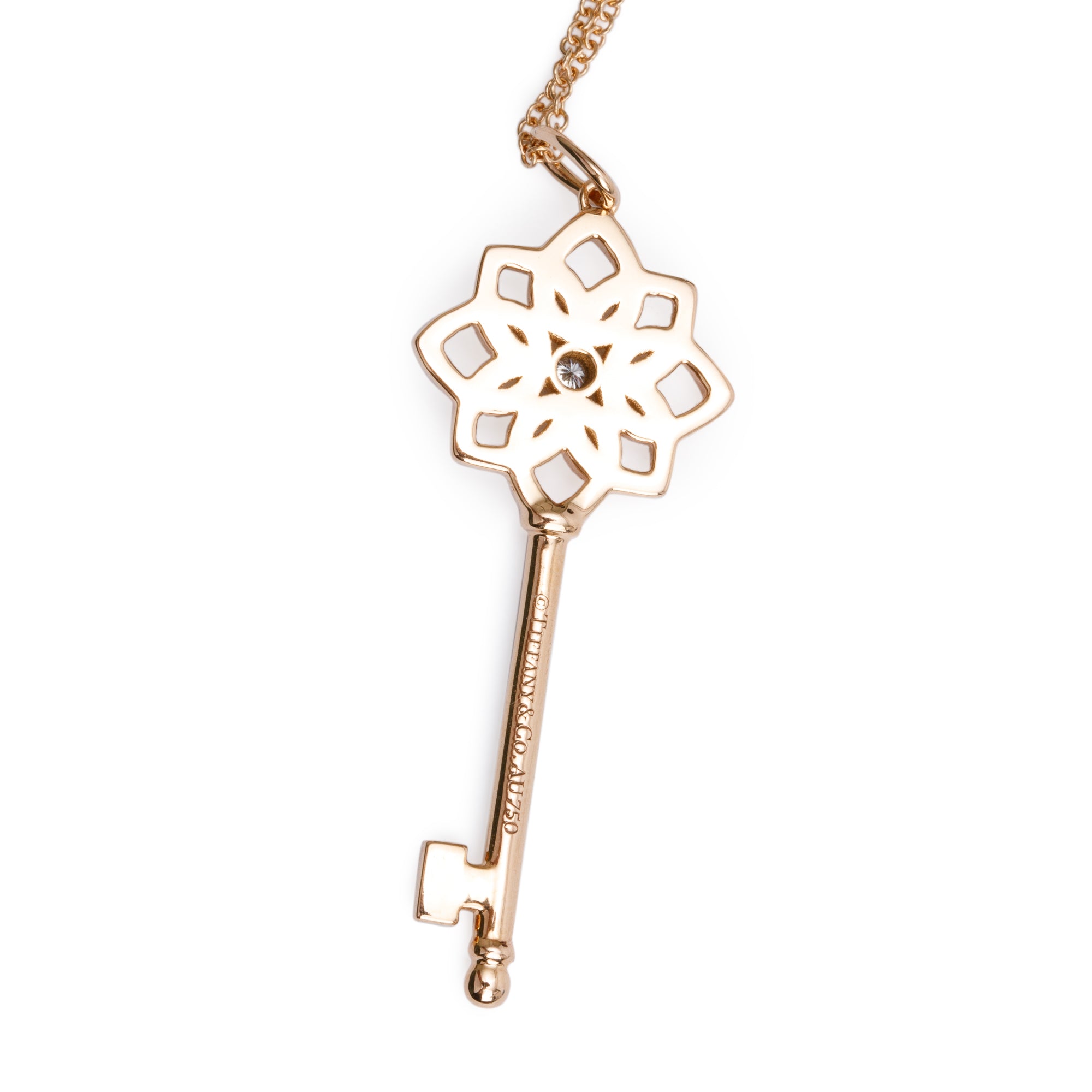 Tiffany & Co. 18k Rose Gold Pave Diamond 1.5" Woven Key Pendant Necklace w/ Box