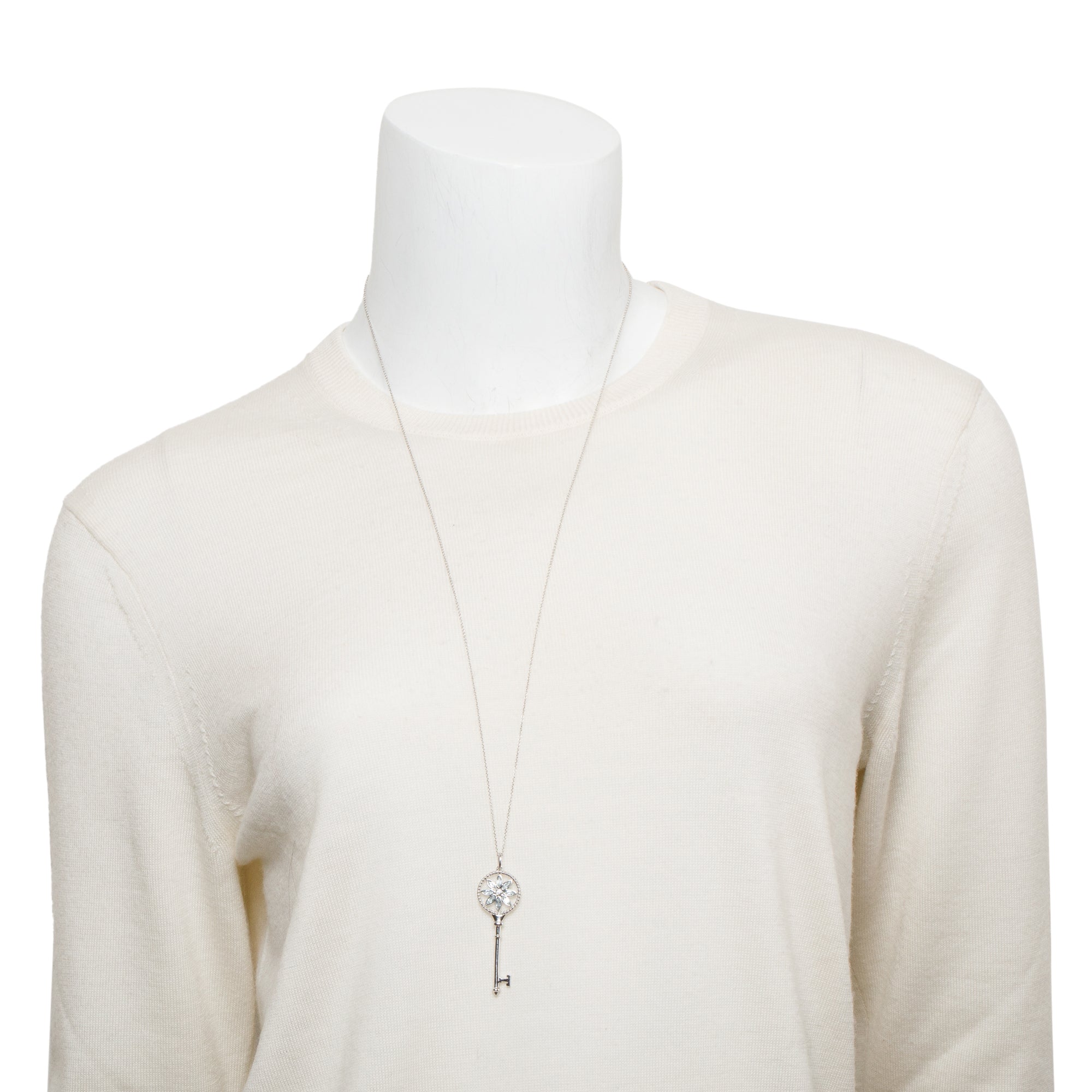 Tiffany & Co. 18k White Gold Aquamarine & Diamond Daisy Key Pendant Necklace w/ Box