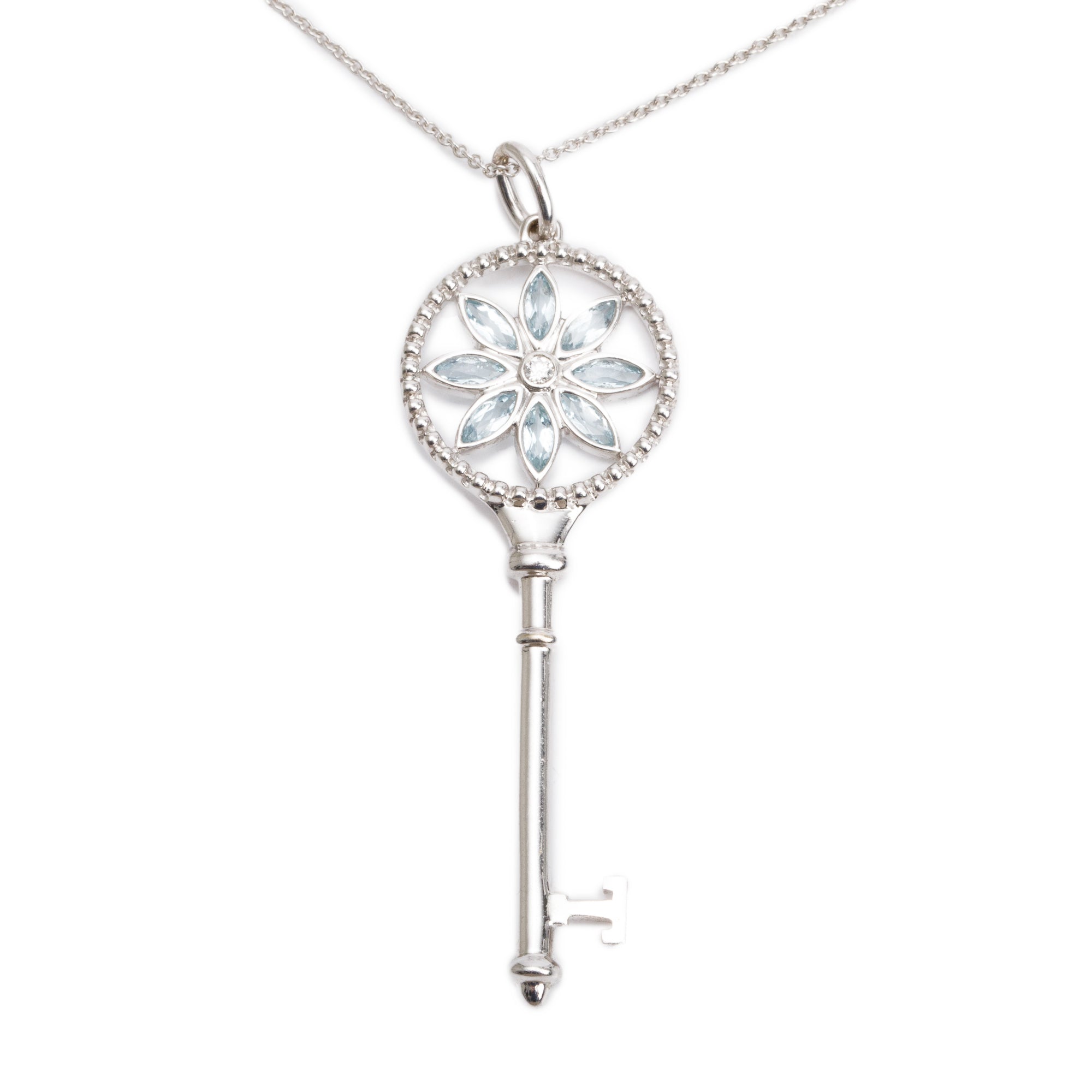 Tiffany & Co. 18k White Gold Aquamarine & Diamond Daisy Key Pendant Necklace w/ Box