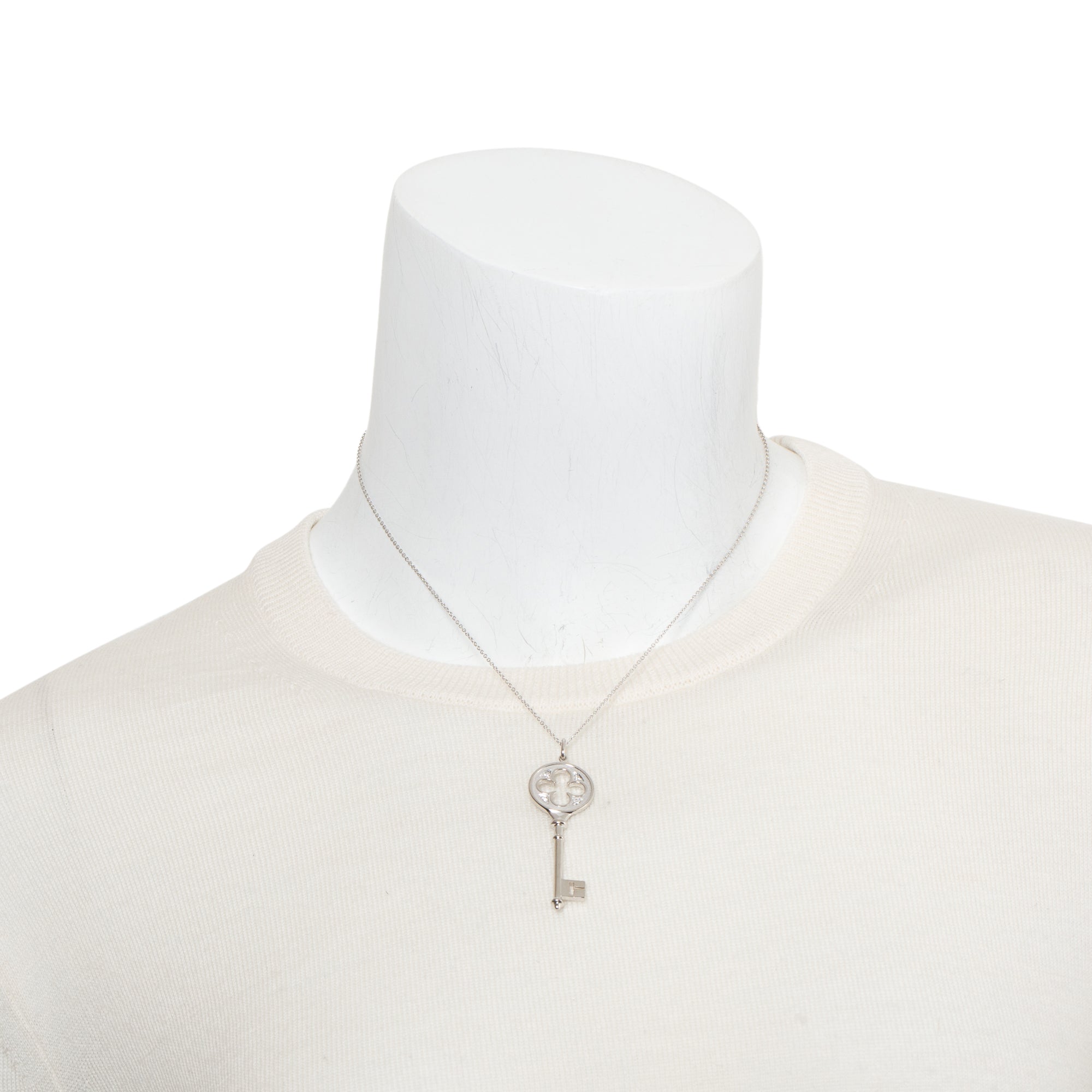 Tiffany & Co. 18k White Gold Diamond Clover Key Pendant Necklace w/ Box