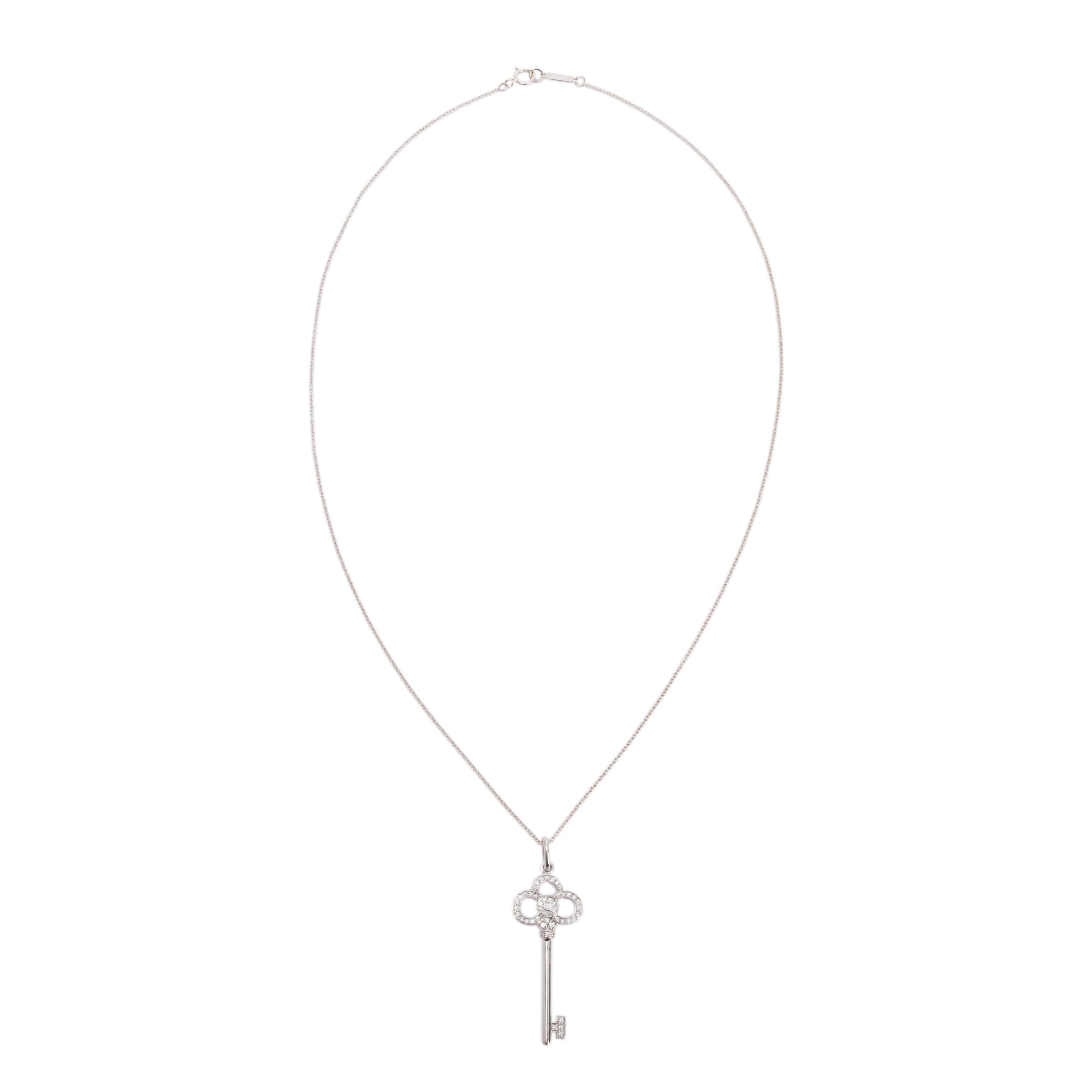 Tiffany & Co. 18k White Gold & Diamond Crown Key Pendant Necklace