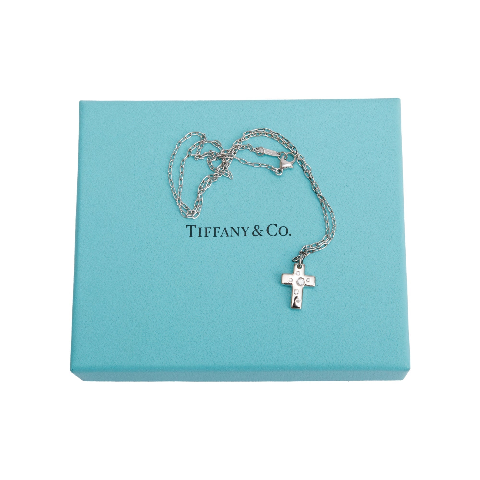 Tiffany & Co. 18k White Gold Diamond Etoile Cross Pendant Necklace w/ Box