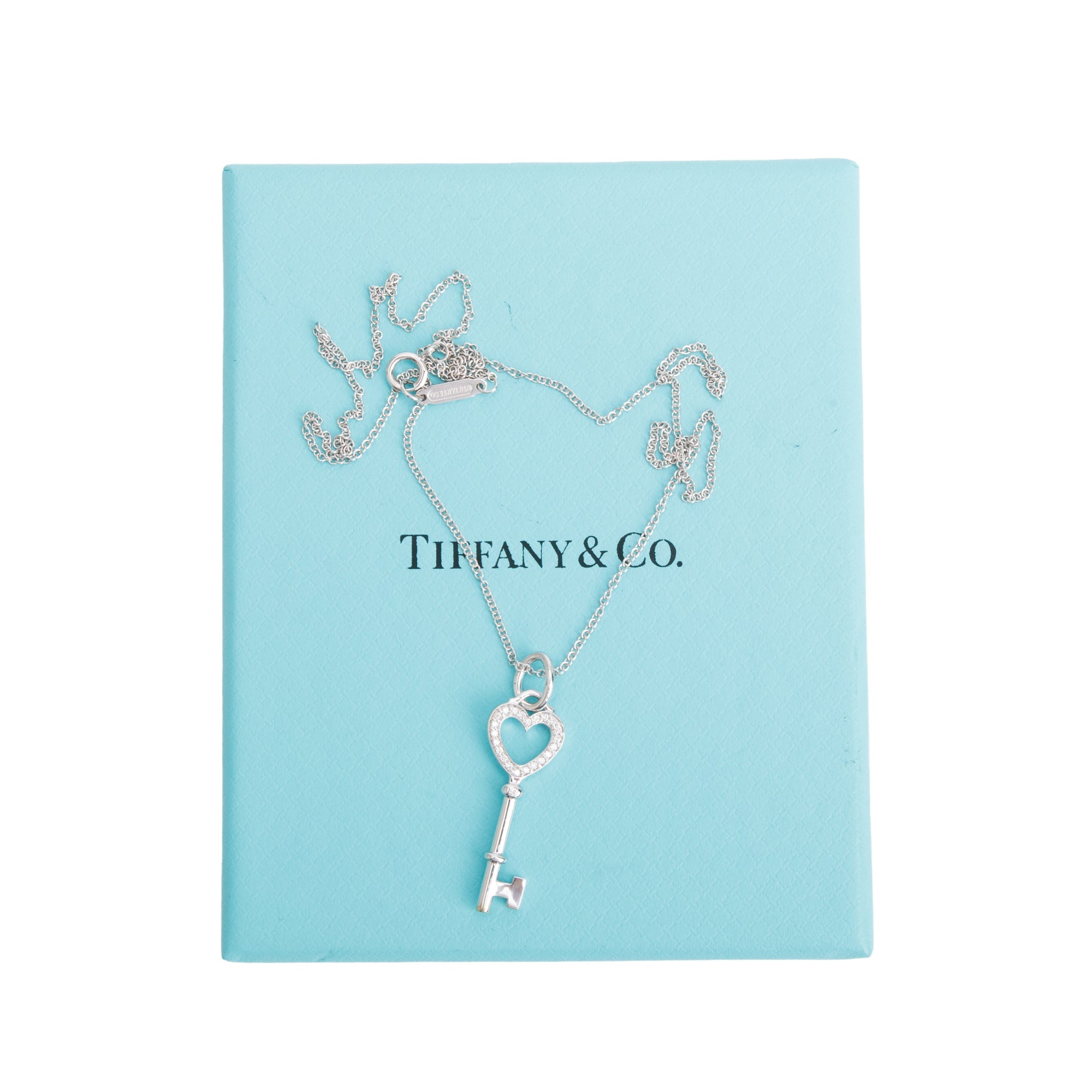 Tiffany & Co. 18k White Gold Diamond Heart Key Pendant w/ Box